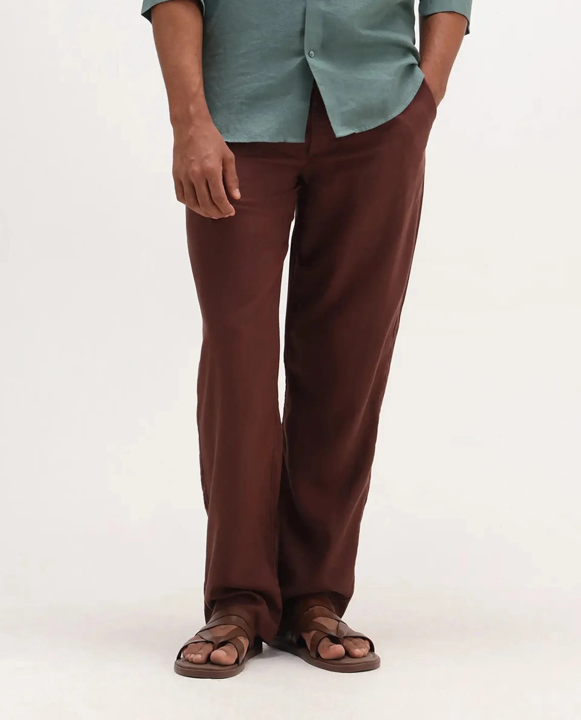 Rare Rabbit Men's Coft-B Brown Linen Blend Plain Loose Fit Trouser - Image 9