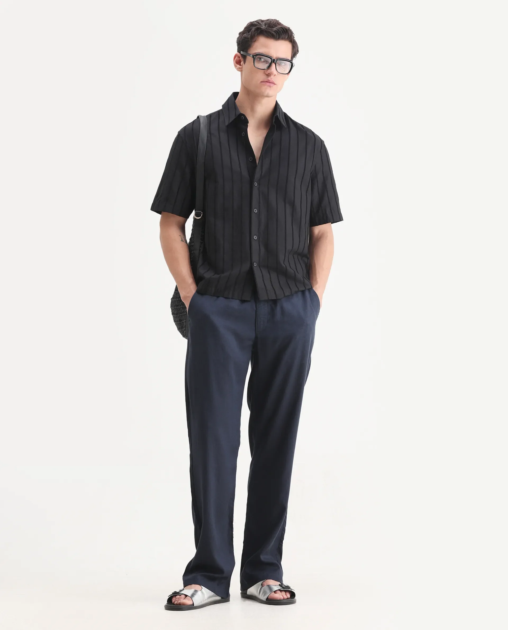 Rare Rabbit Men's Coft-B Navy Linen Blend Plain Loose Fit Trouser