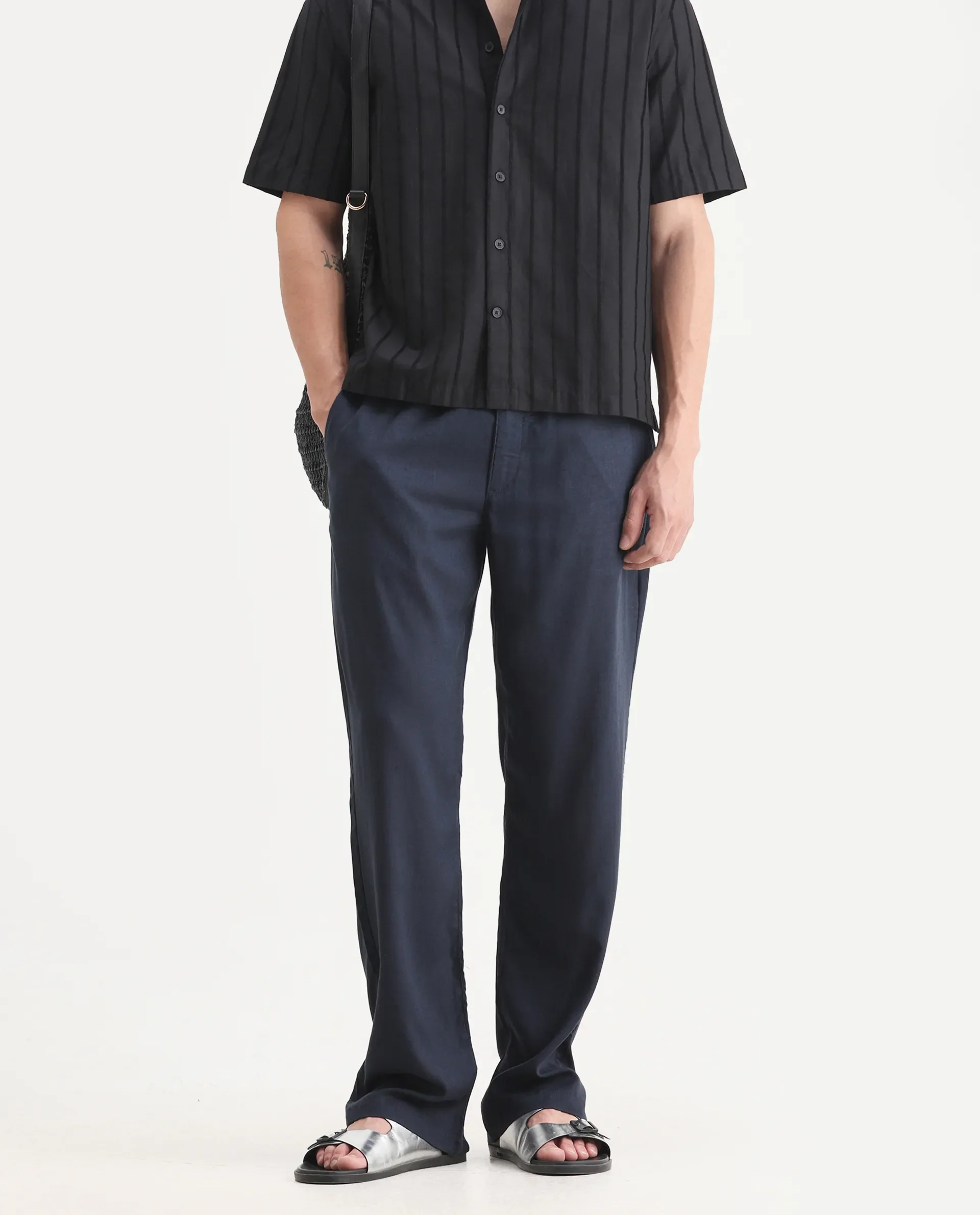 Rare Rabbit Men's Coft-B Navy Linen Blend Plain Loose Fit Trouser - Image 2