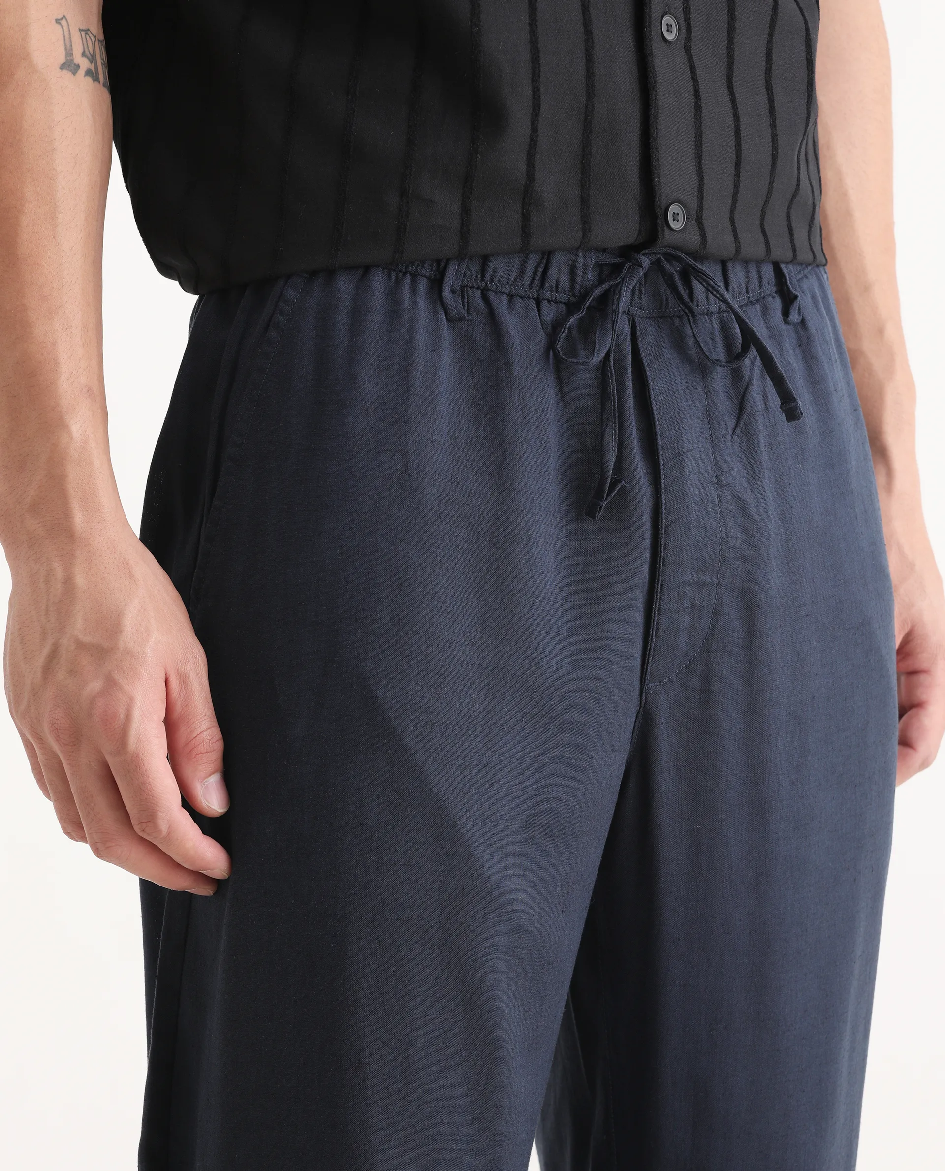 Rare Rabbit Men's Coft-B Navy Linen Blend Plain Loose Fit Trouser - Image 3