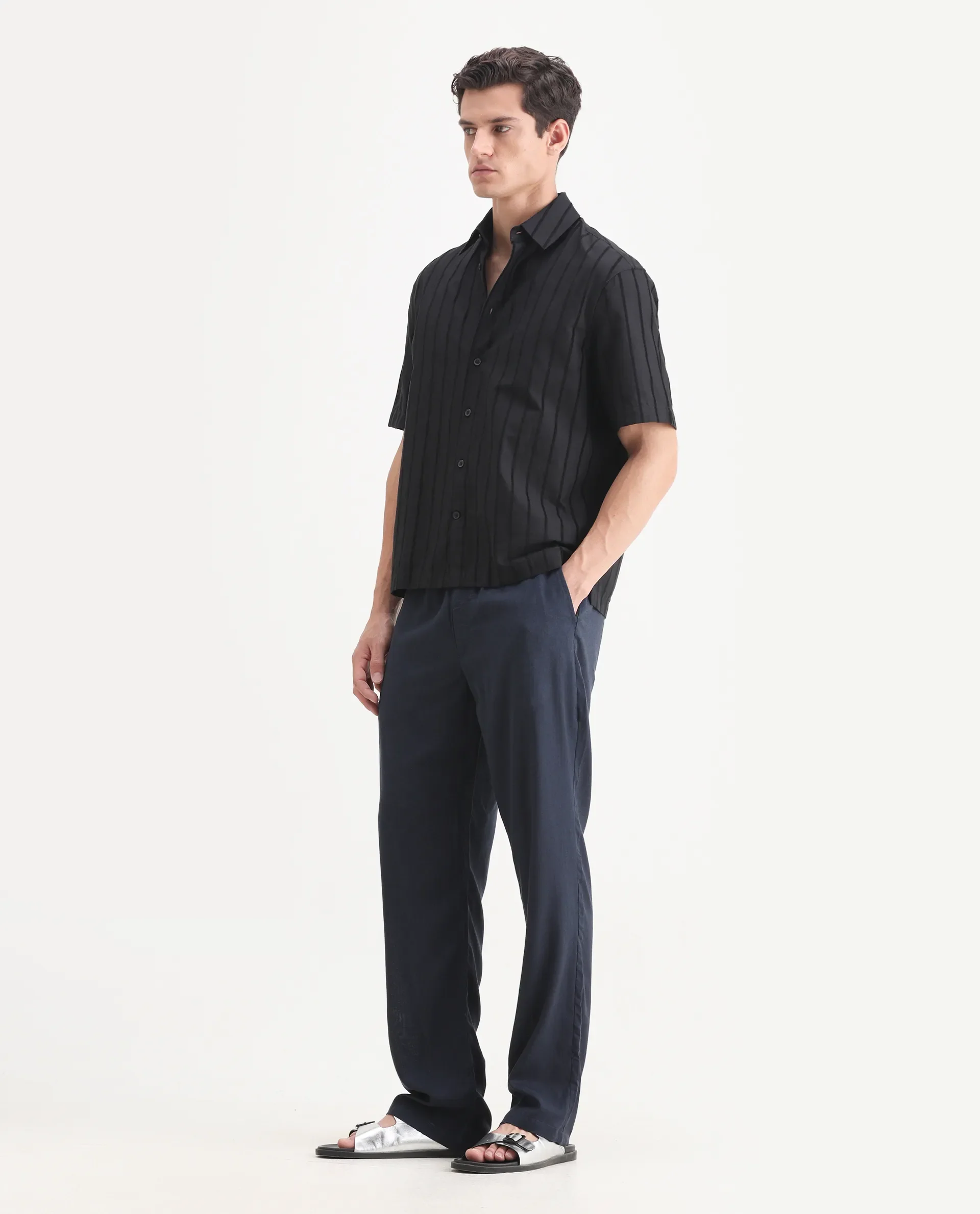 Rare Rabbit Men's Coft-B Navy Linen Blend Plain Loose Fit Trouser - Image 5