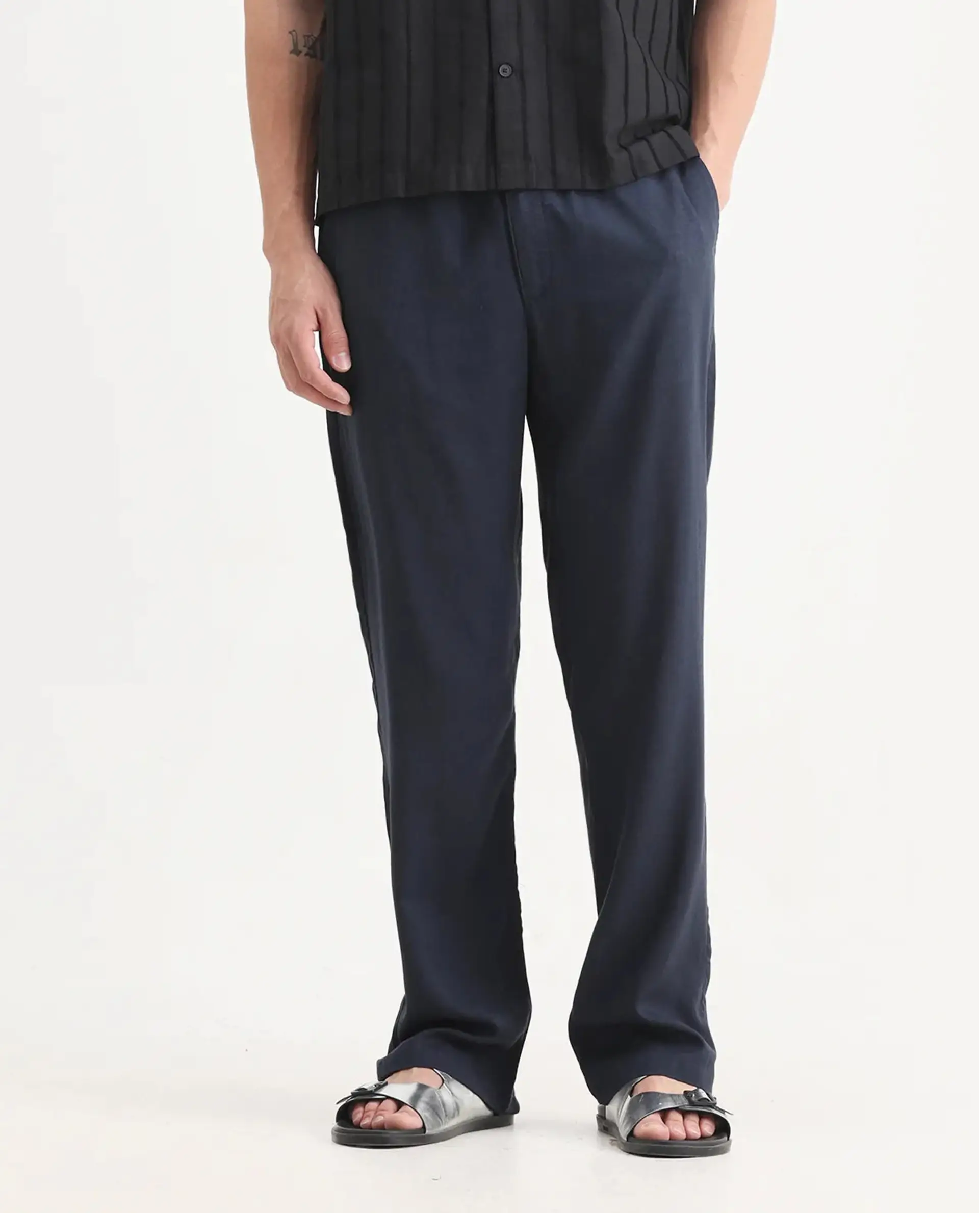 Rare Rabbit Men's Coft-B Navy Linen Blend Plain Loose Fit Trouser - Image 9