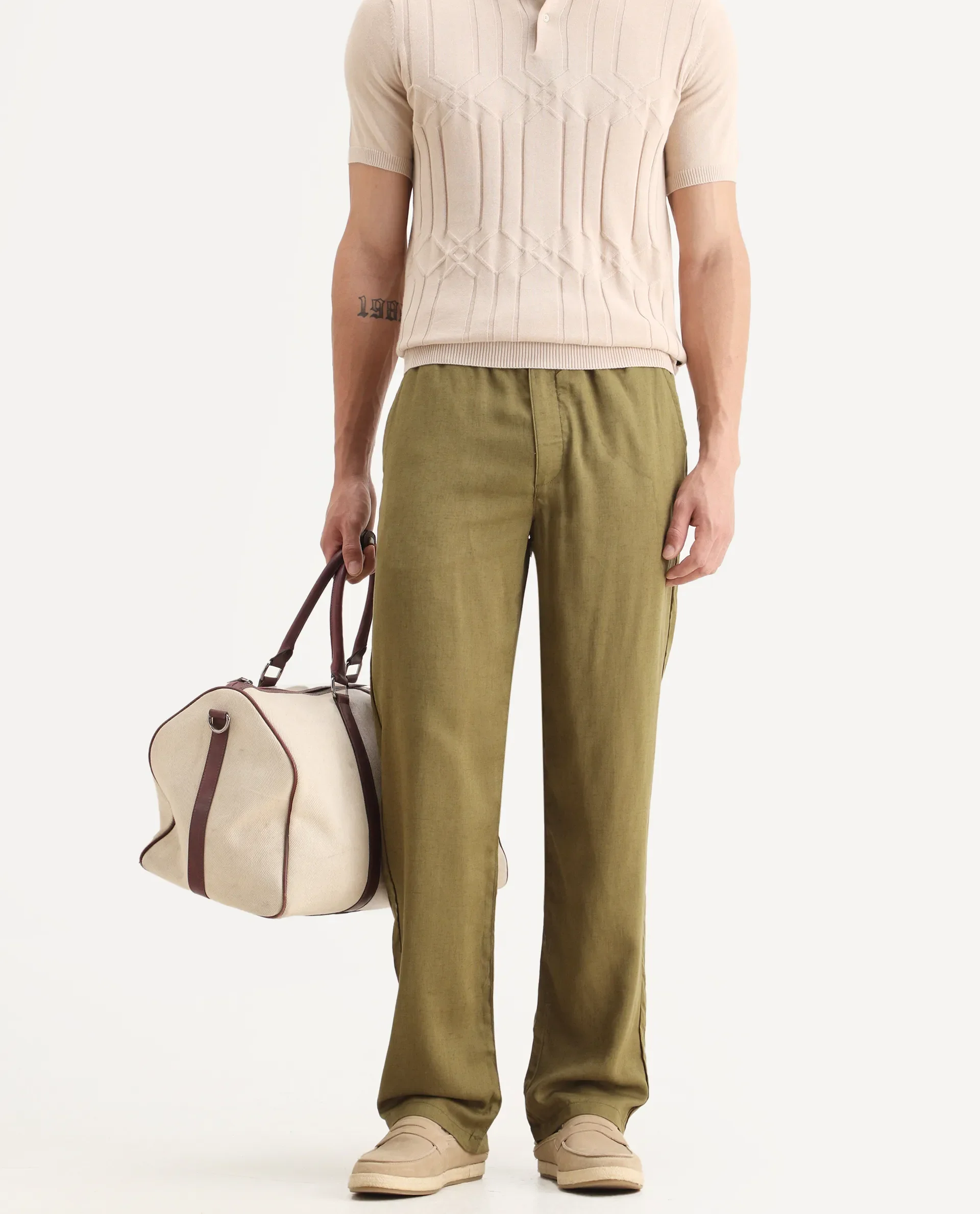 Rare Rabbit Men's Coft-B Olive Linen Blend Plain Loose Fit Trouser - Image 2