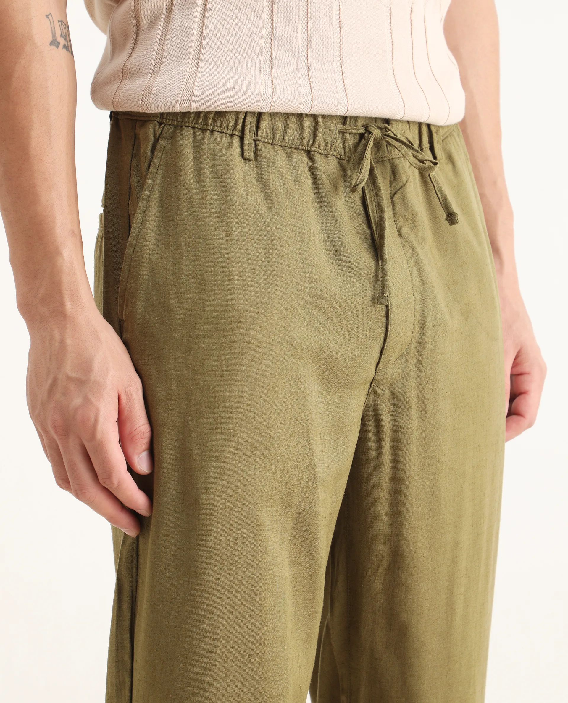 Rare Rabbit Men's Coft-B Olive Linen Blend Plain Loose Fit Trouser - Image 3