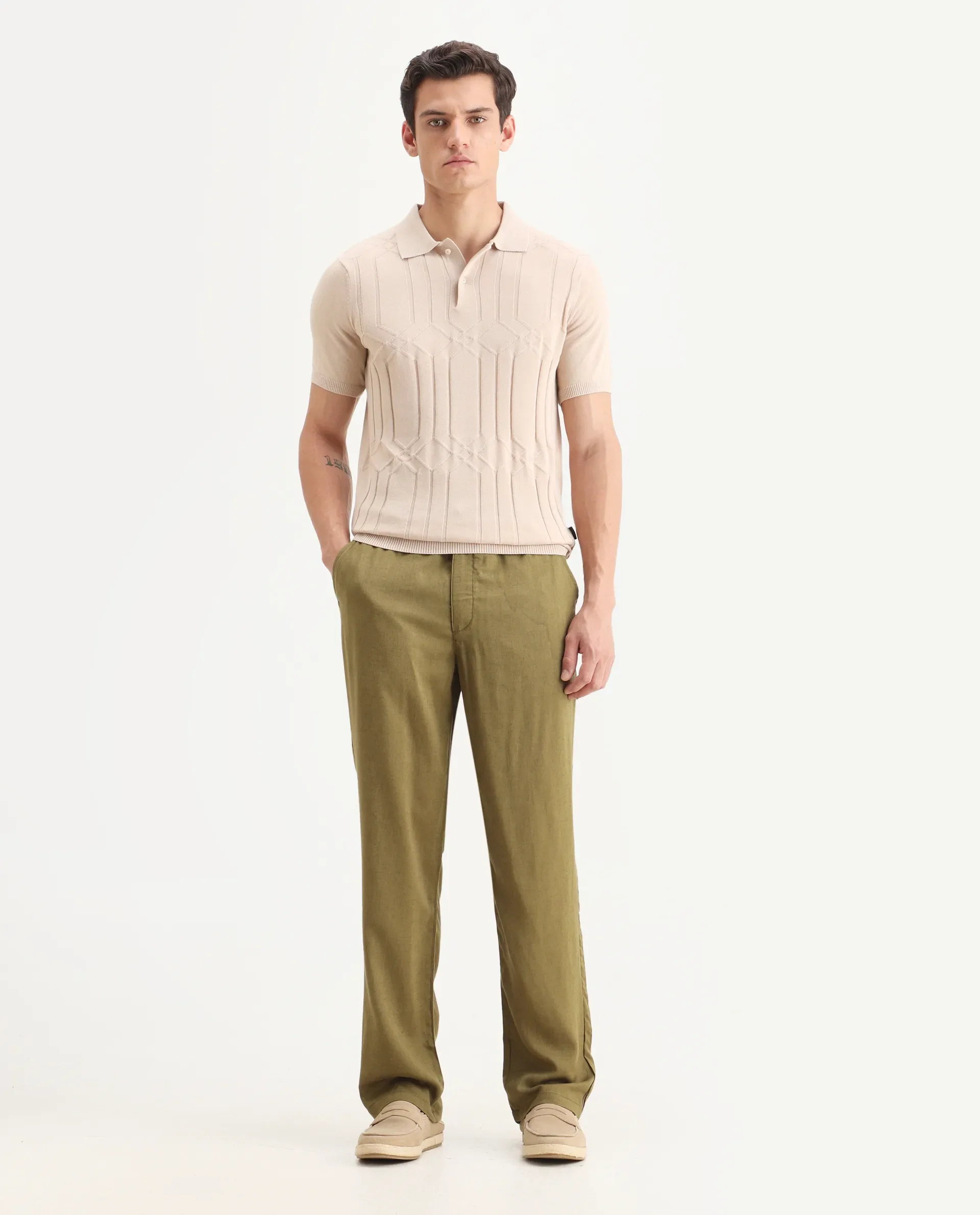 Rare Rabbit Men's Coft-B Olive Linen Blend Plain Loose Fit Trouser - Image 4