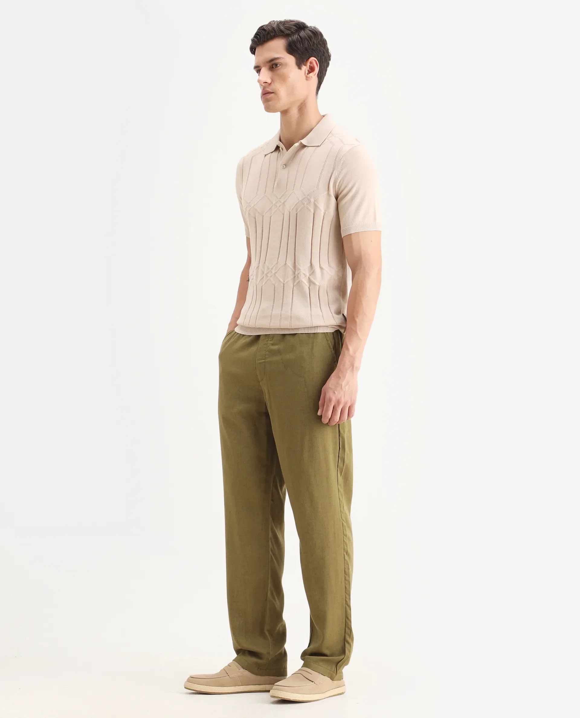Rare Rabbit Men's Coft-B Olive Linen Blend Plain Loose Fit Trouser - Image 5
