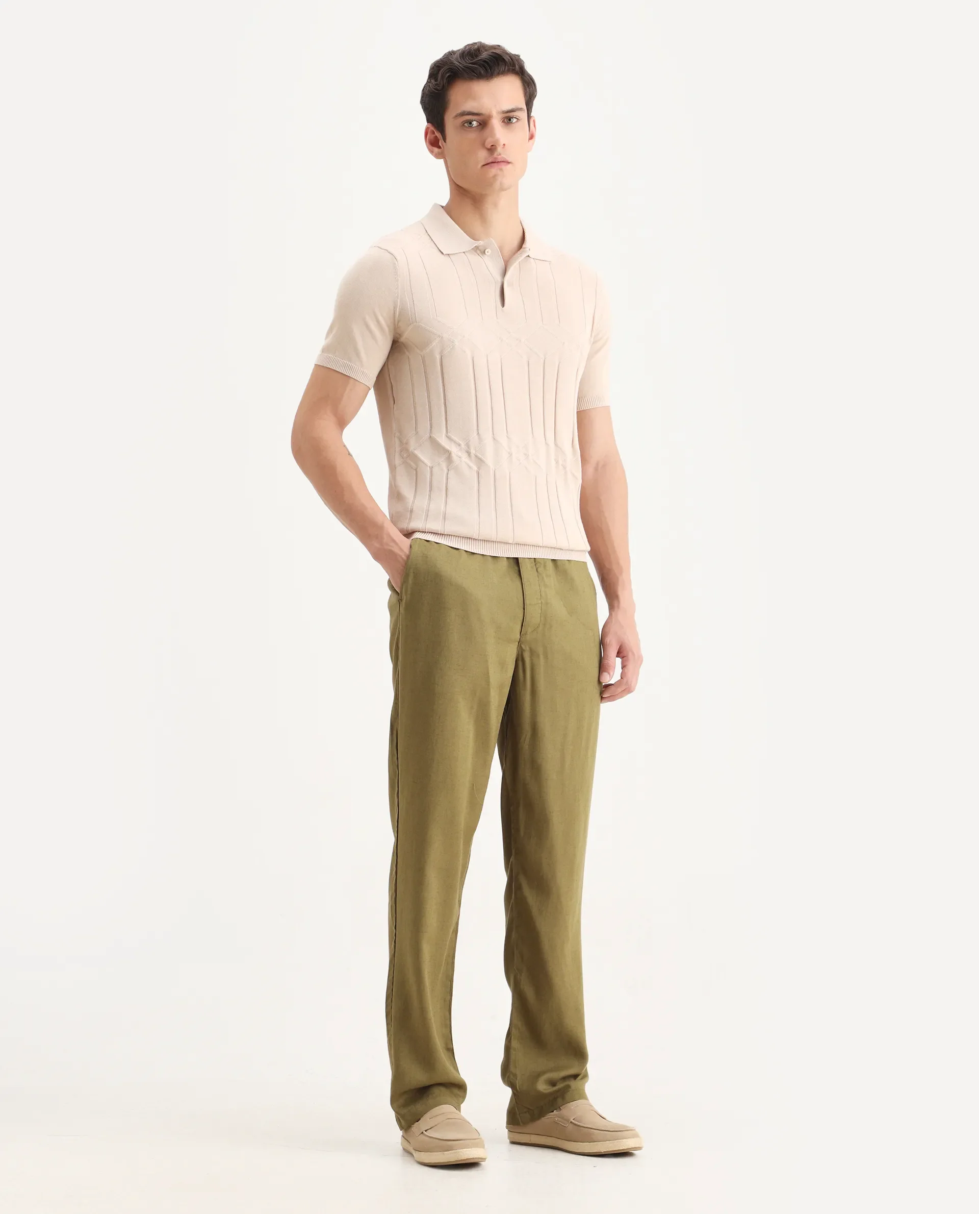 Rare Rabbit Men's Coft-B Olive Linen Blend Plain Loose Fit Trouser - Image 6
