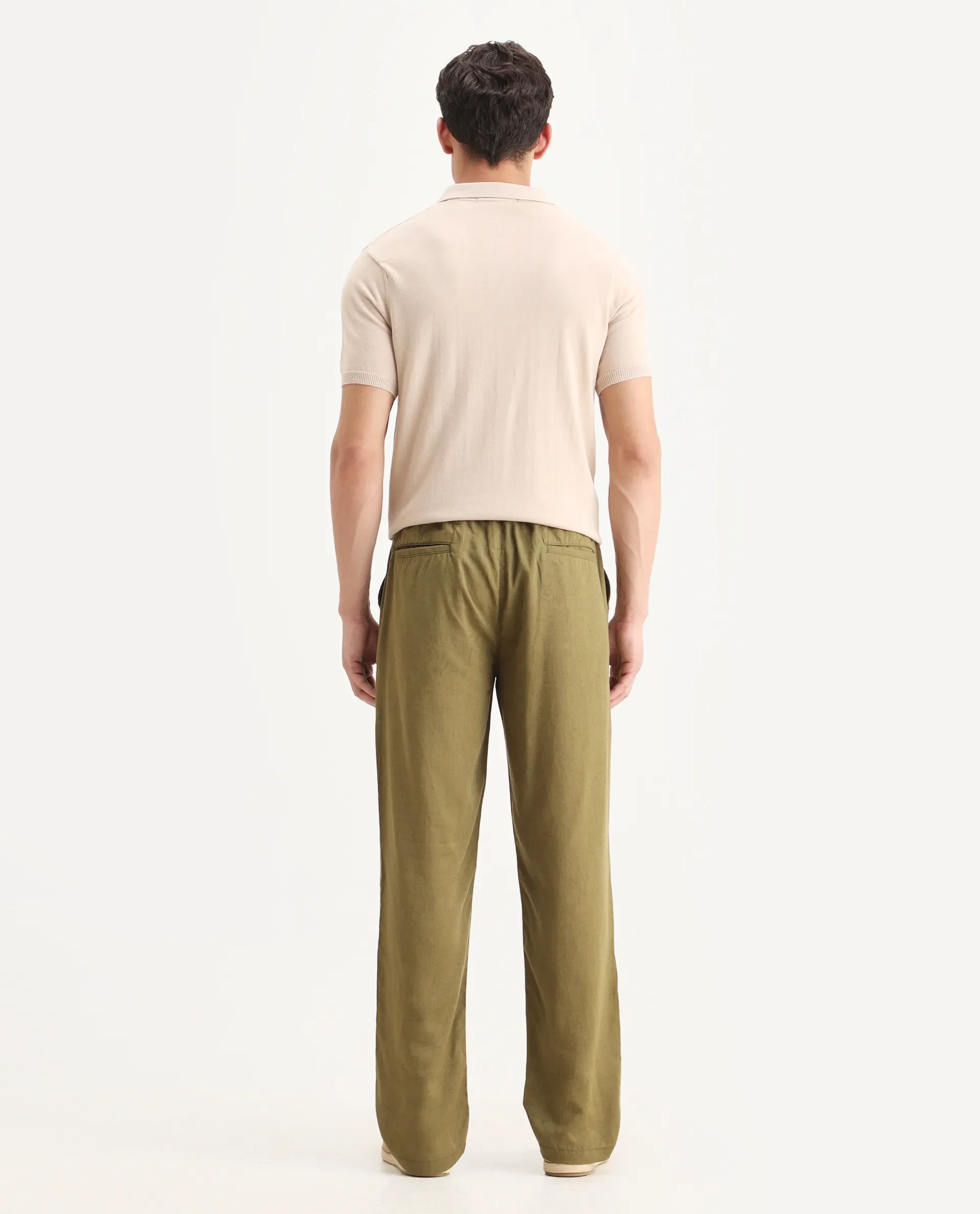 Rare Rabbit Men's Coft-B Olive Linen Blend Plain Loose Fit Trouser - Image 8
