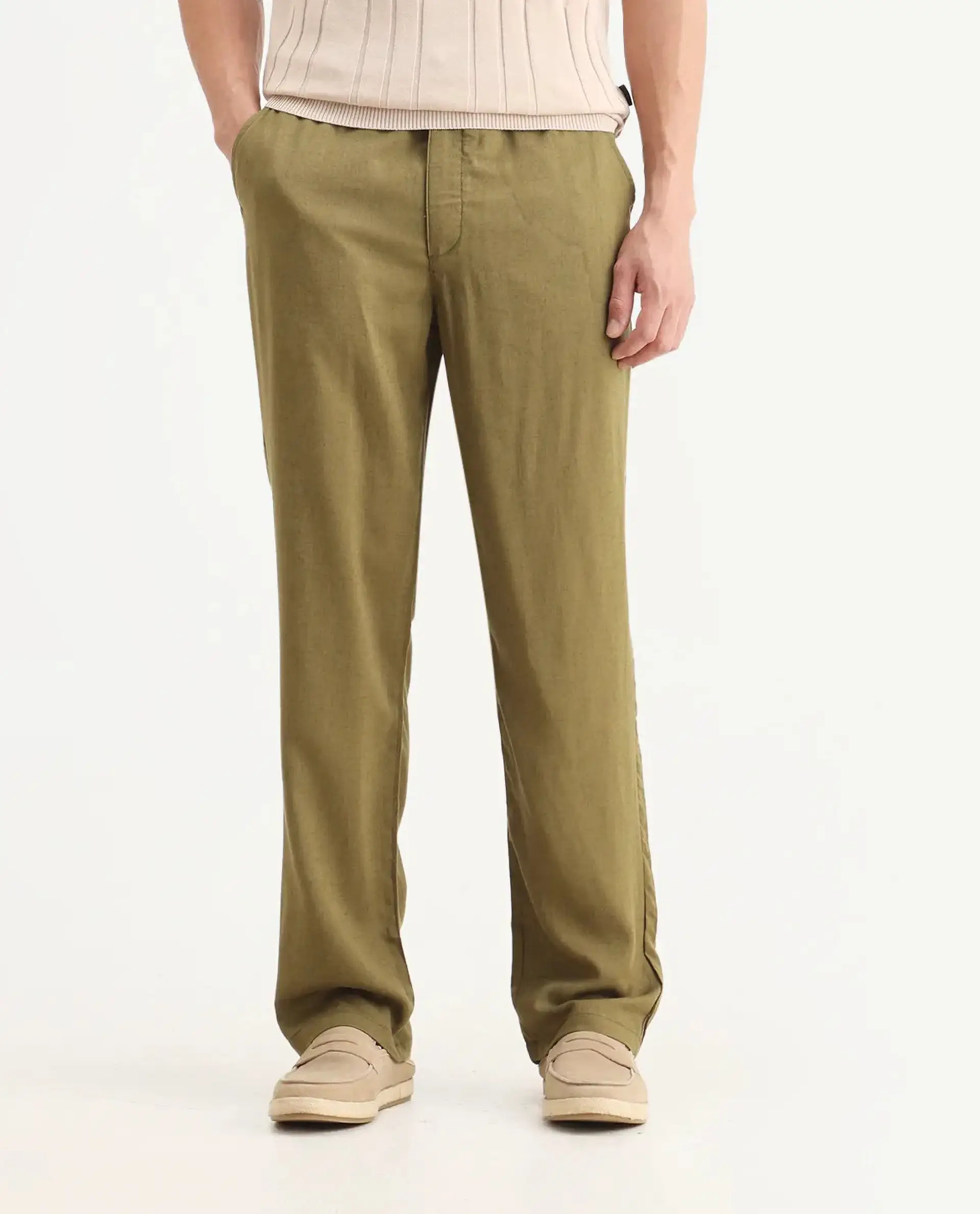 Rare Rabbit Men's Coft-B Olive Linen Blend Plain Loose Fit Trouser - Image 9