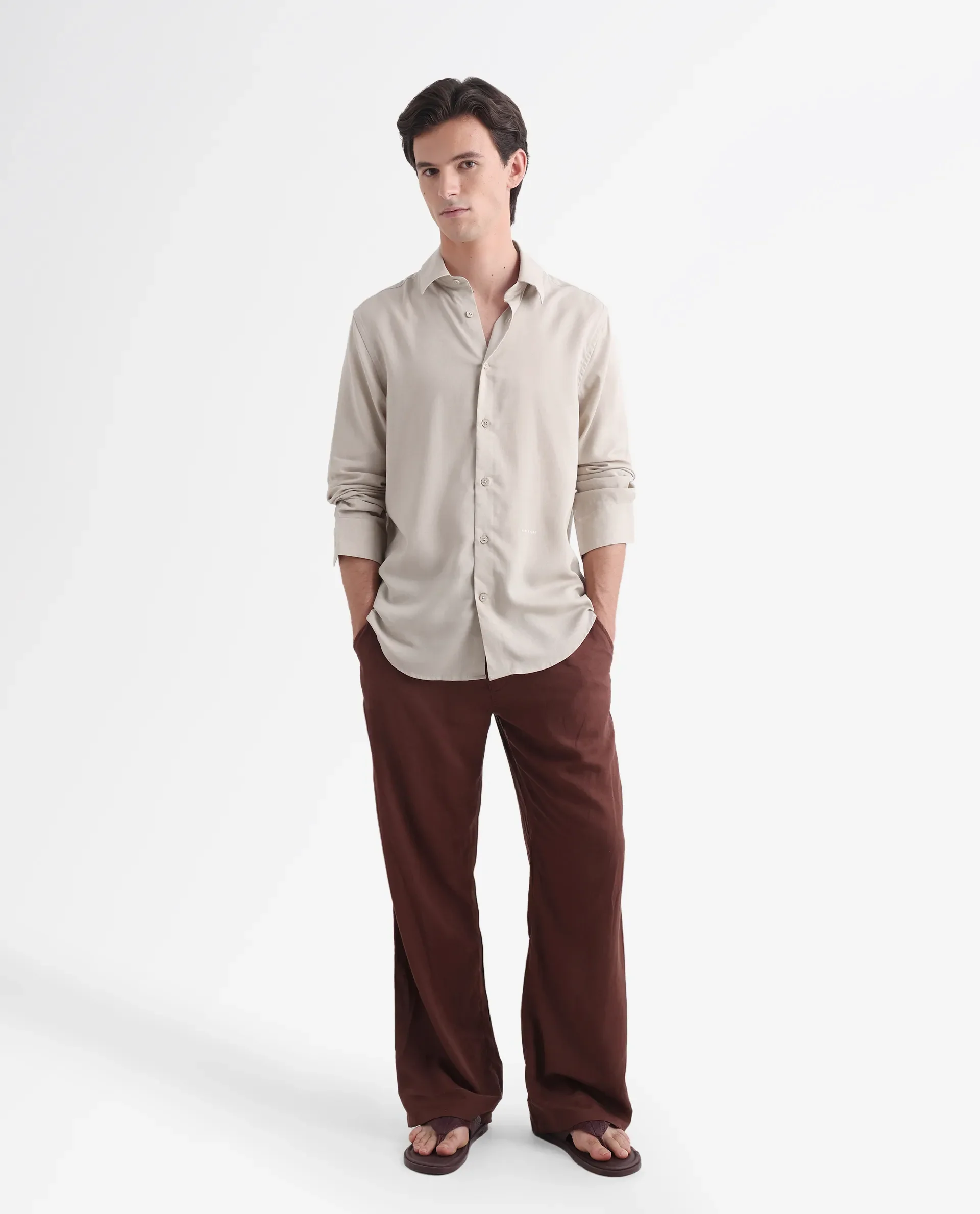 Rare Rabbit Men's Coft Beige Linen Blend Plain Boxy Fit Full Sleeve Collared Shirt - Image 2
