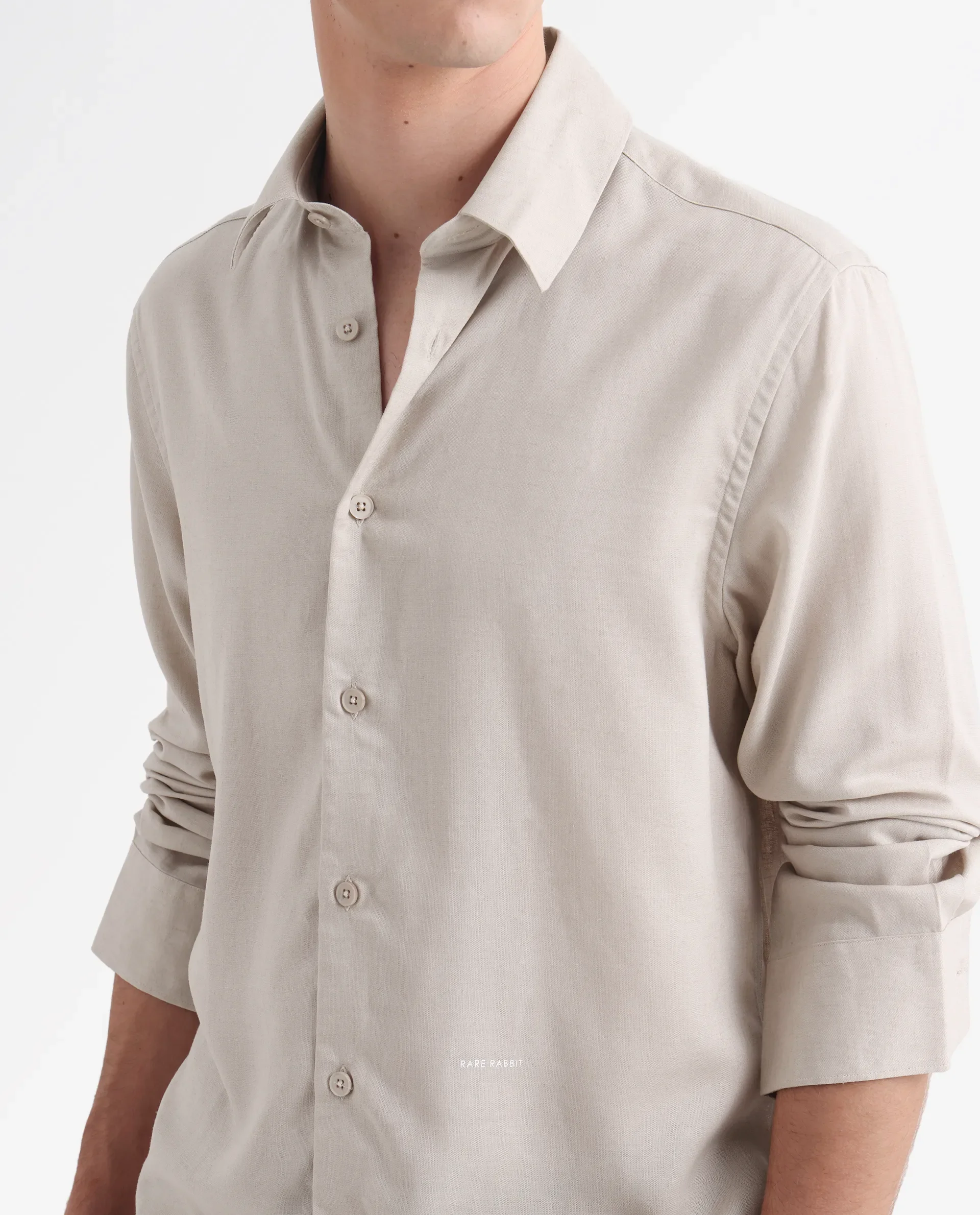 Rare Rabbit Men's Coft Beige Linen Blend Plain Boxy Fit Full Sleeve Collared Shirt - Image 3