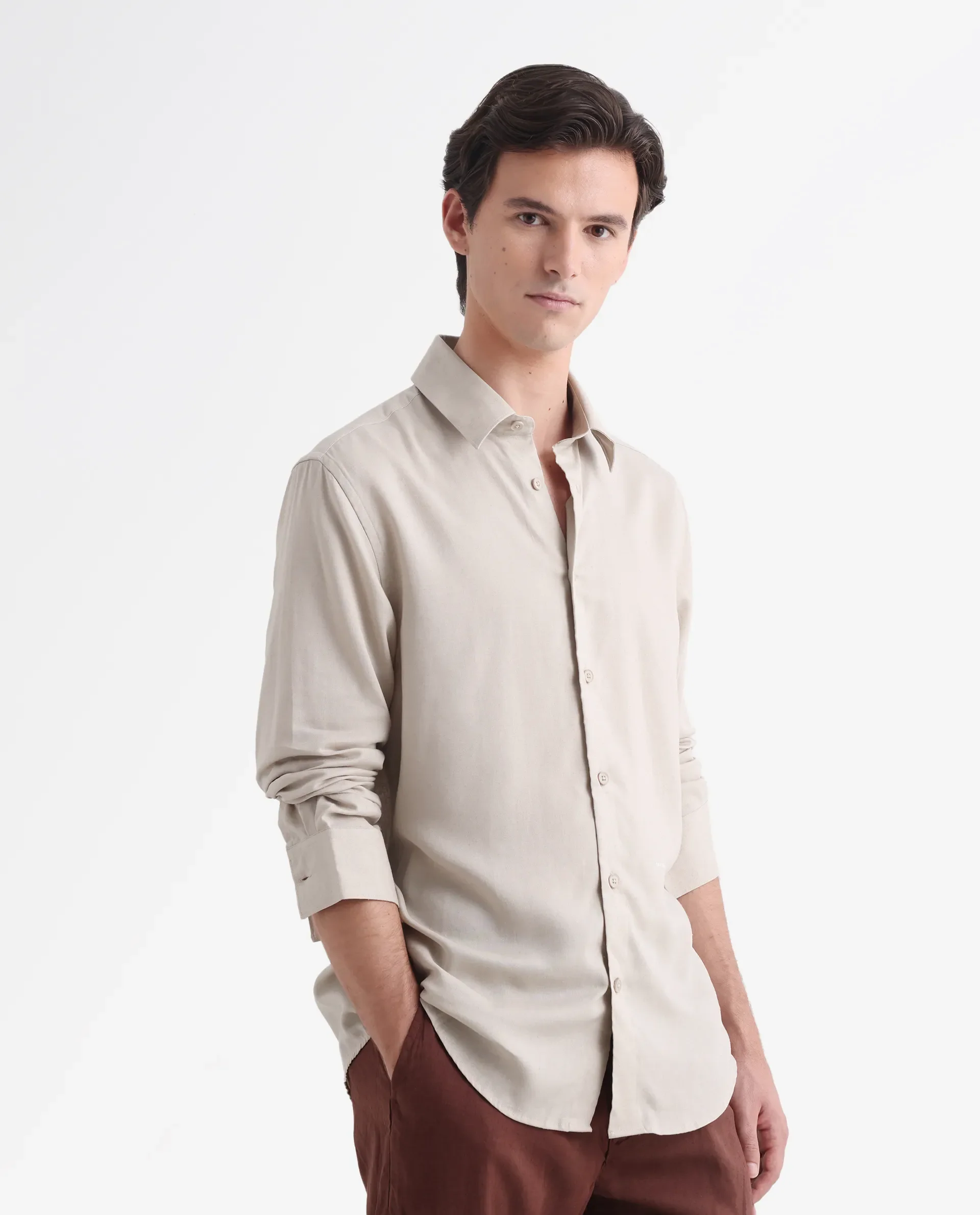 Rare Rabbit Men's Coft Beige Linen Blend Plain Boxy Fit Full Sleeve Collared Shirt - Image 4