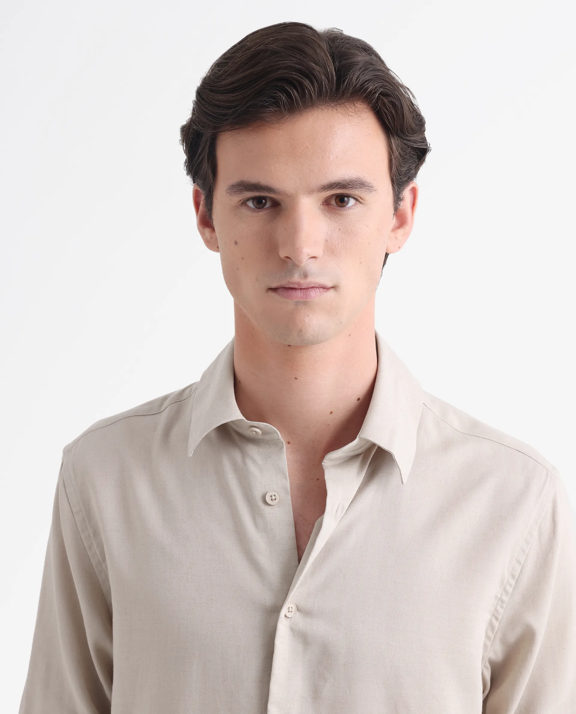 Rare Rabbit Men's Coft Beige Linen Blend Plain Boxy Fit Full Sleeve Collared Shirt - Image 5