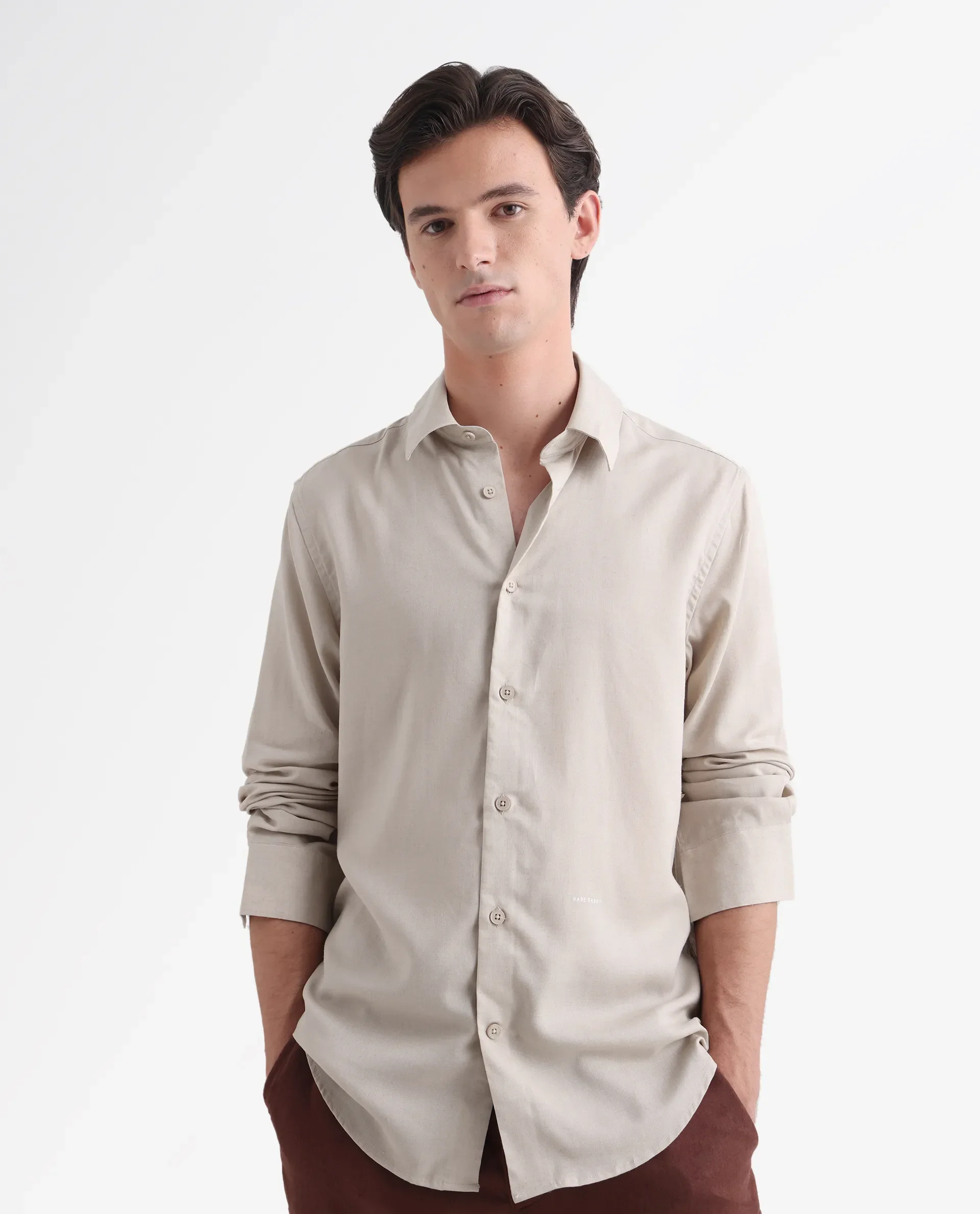 Rare Rabbit Men's Coft Beige Linen Blend Plain Boxy Fit Full Sleeve Collared Shirt - Image 6