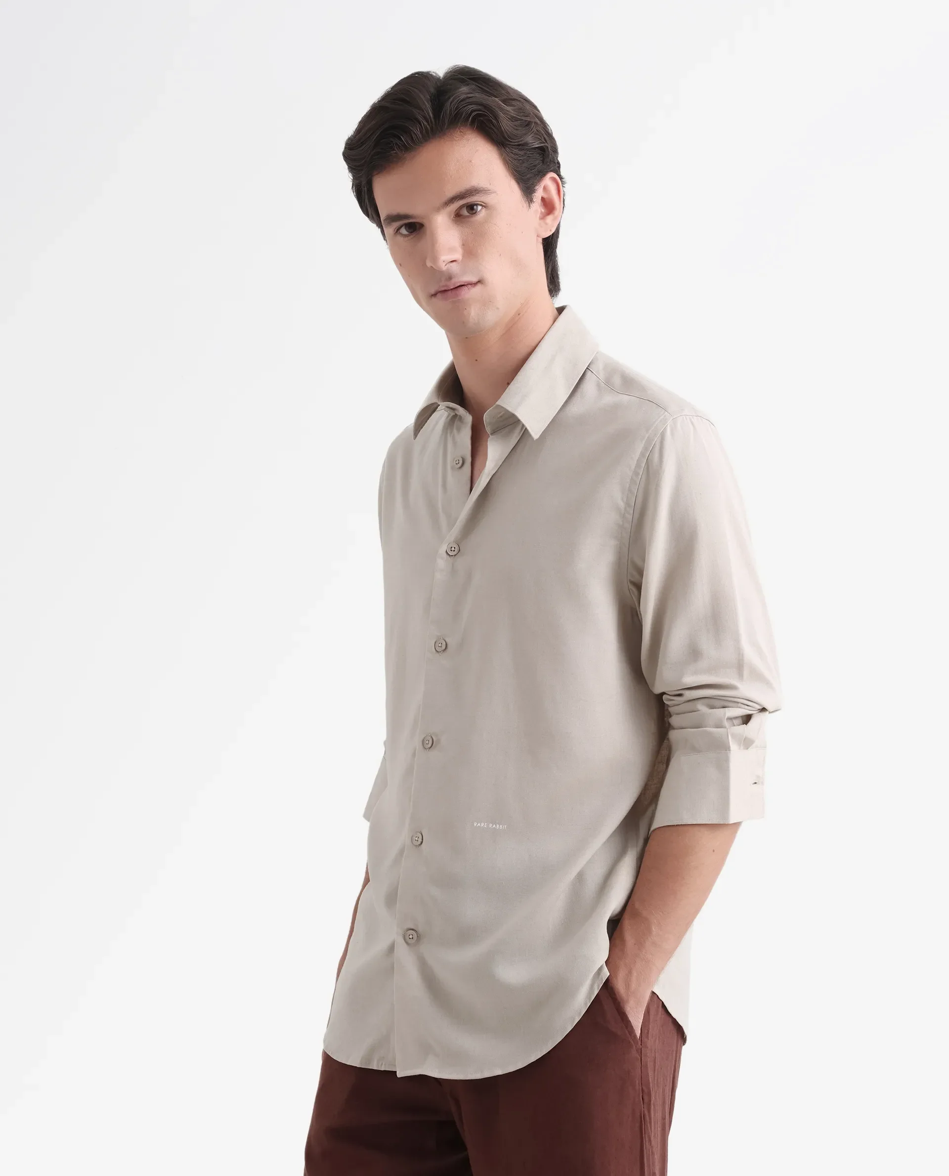 Rare Rabbit Men's Coft Beige Linen Blend Plain Boxy Fit Full Sleeve Collared Shirt - Image 8