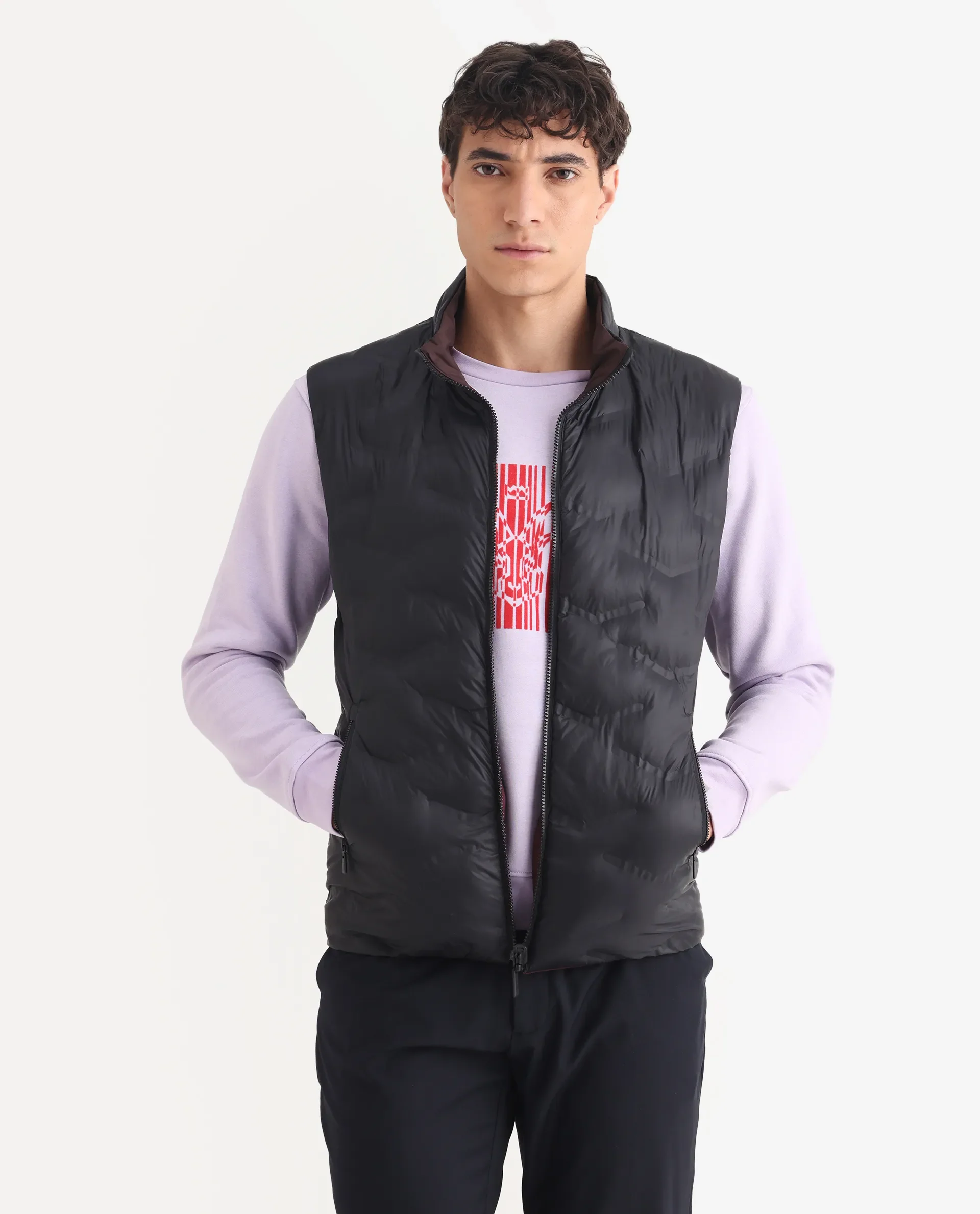 Rare Rabbit Men's Cog Black Polyester Plain Regular Fit Sleeveless High Neck Jacket - Image 4