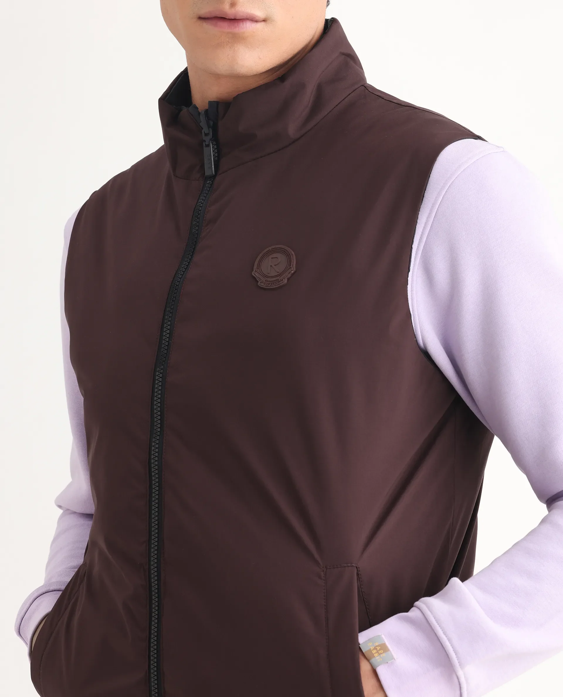 Rare Rabbit Men's Cog Black Polyester Plain Regular Fit Sleeveless High Neck Jacket - Image 5