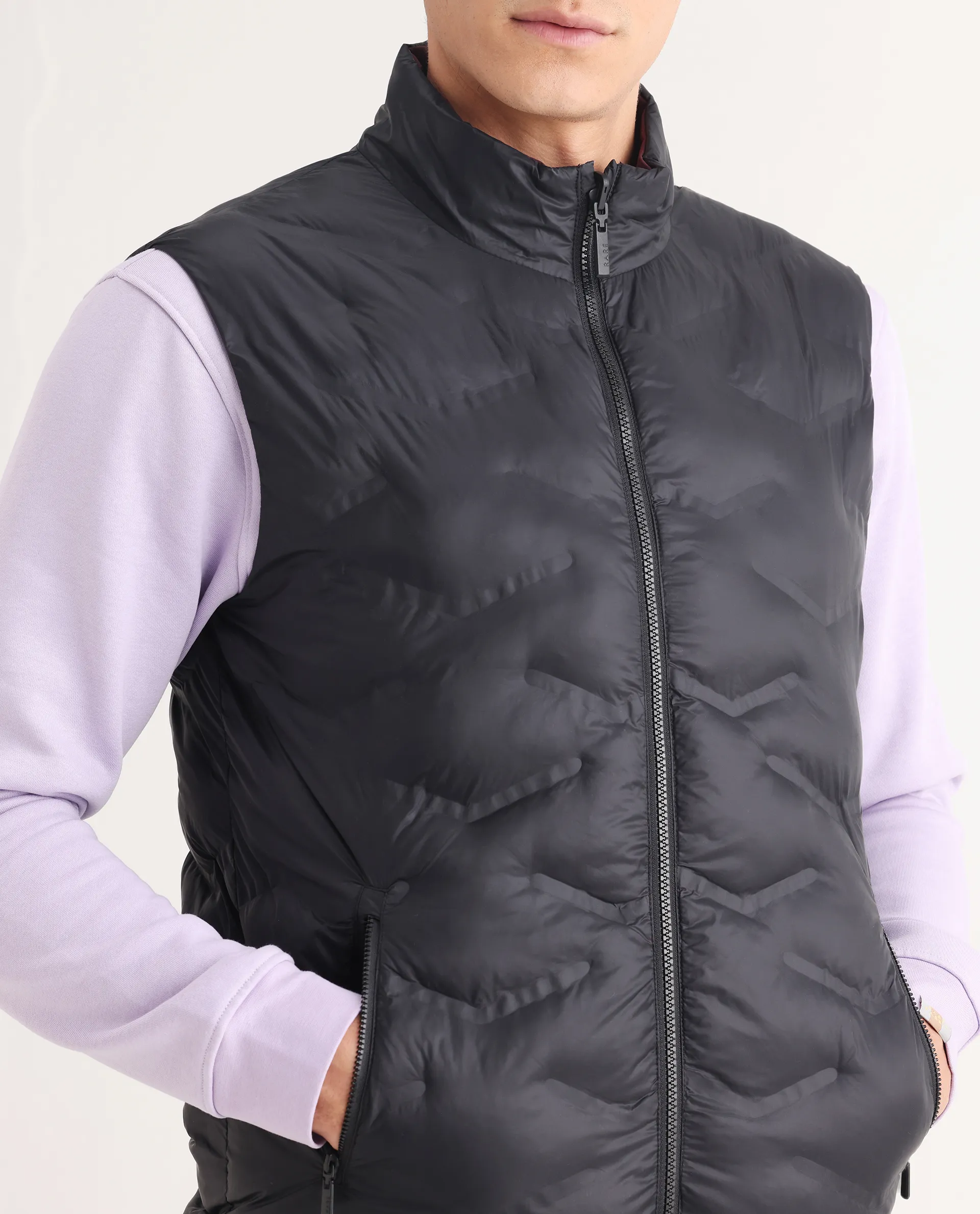 Rare Rabbit Men's Cog Black Polyester Plain Regular Fit Sleeveless High Neck Jacket - Image 6