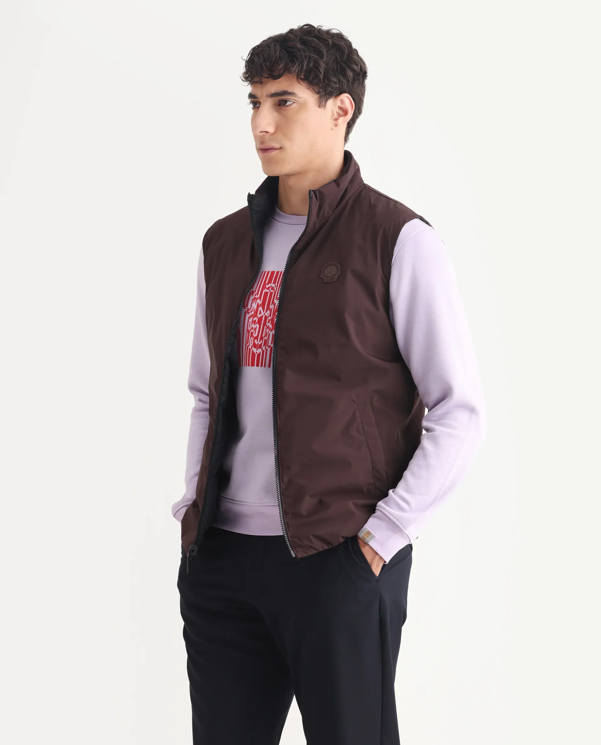 Rare Rabbit Men's Cog Black Polyester Plain Regular Fit Sleeveless High Neck Jacket - Image 7