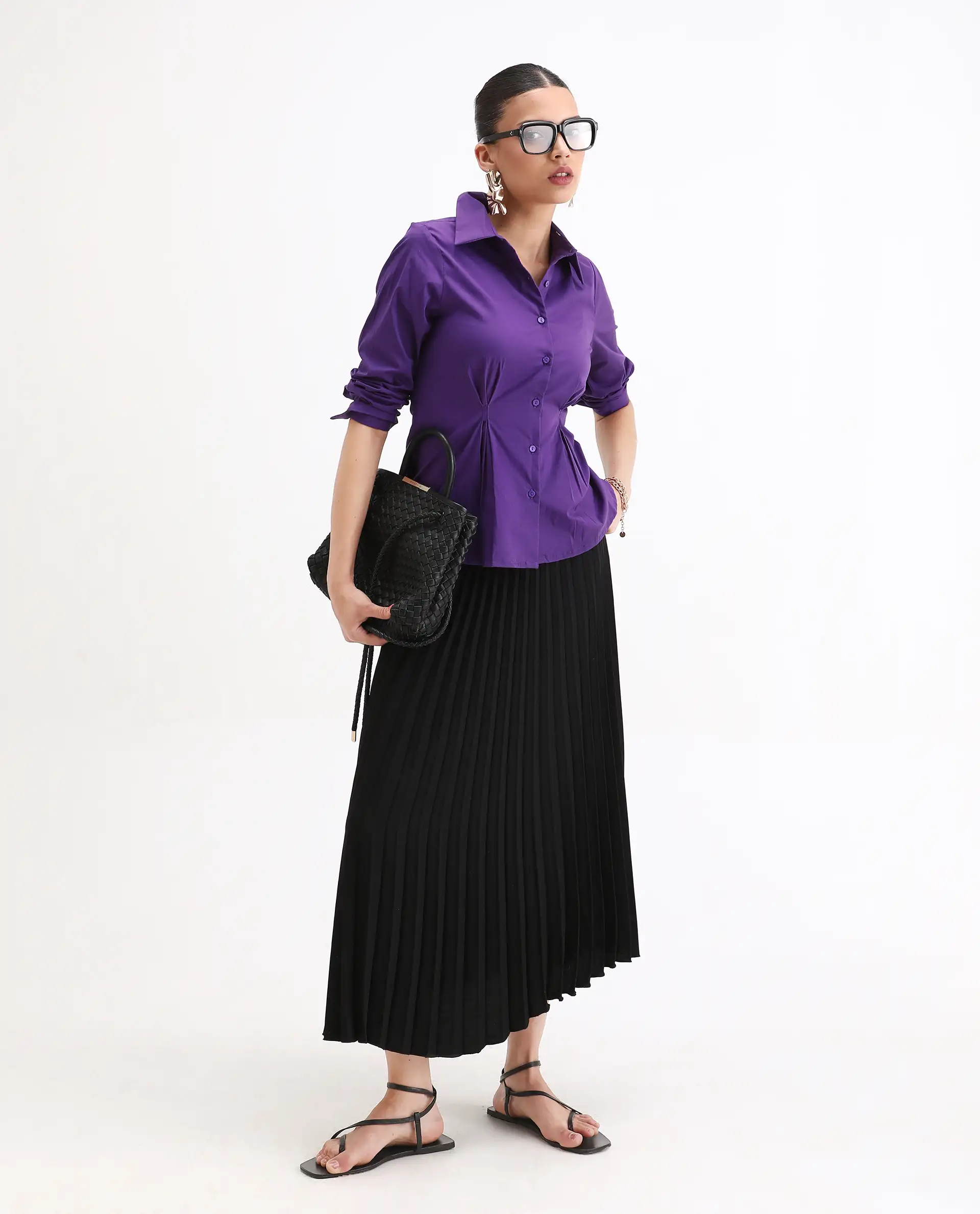 Rareism Women's Cojin Purple Cotton Blend Drop Collar Plain Cuffed Sleeve Regular Fit Top - Image 2