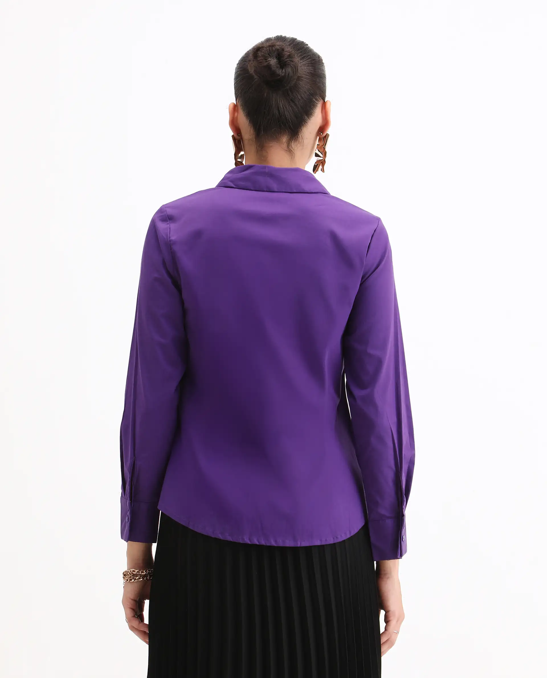 Rareism Women's Cojin Purple Cotton Blend Drop Collar Plain Cuffed Sleeve Regular Fit Top - Image 3