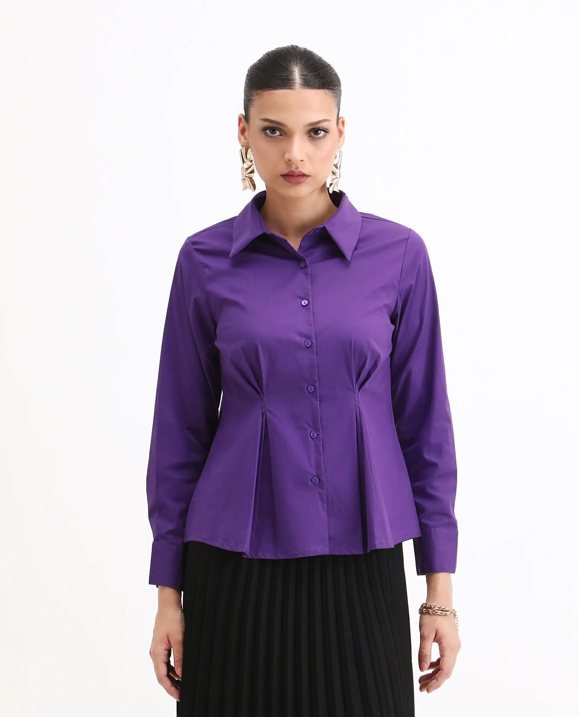 Rareism Women's Cojin Purple Cotton Blend Drop Collar Plain Cuffed Sleeve Regular Fit Top - Image 4