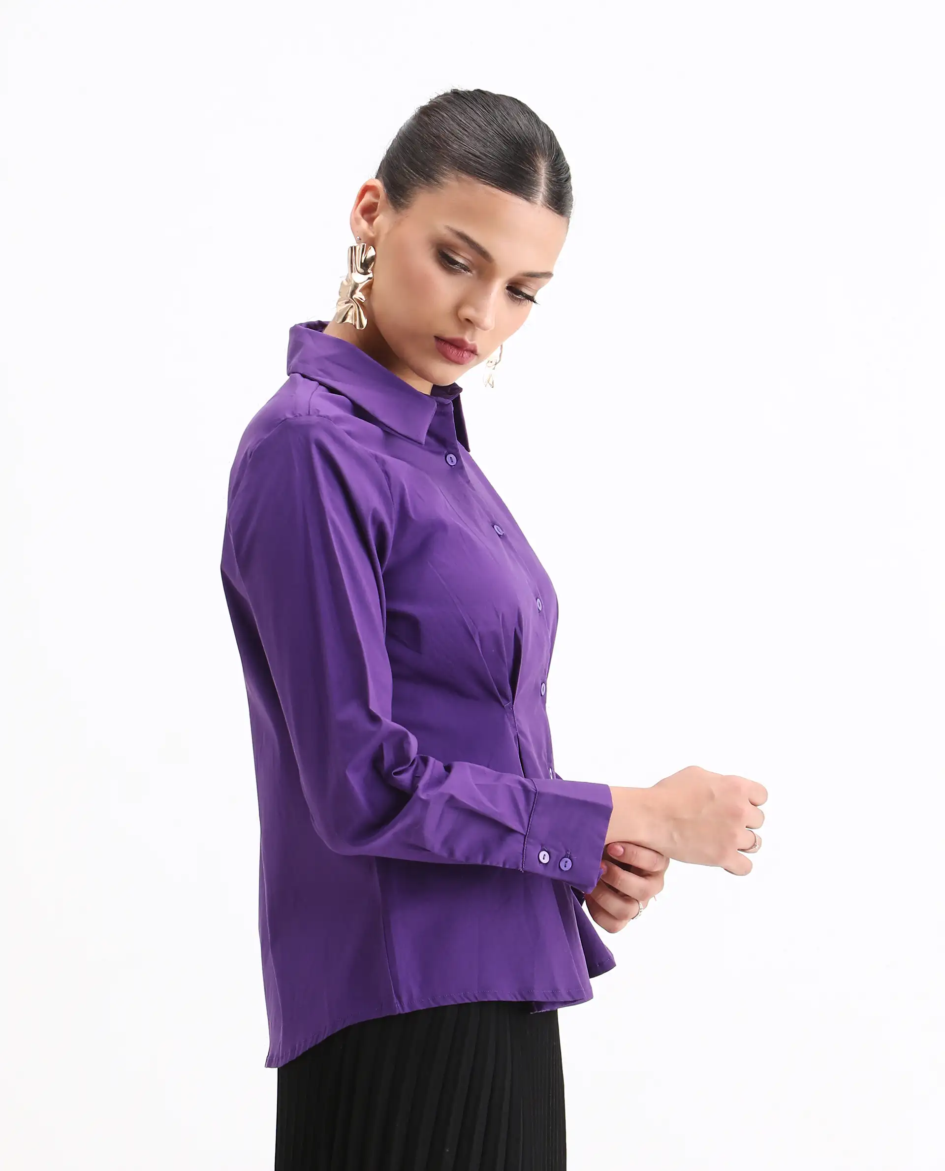 Rareism Women's Cojin Purple Cotton Blend Drop Collar Plain Cuffed Sleeve Regular Fit Top - Image 5