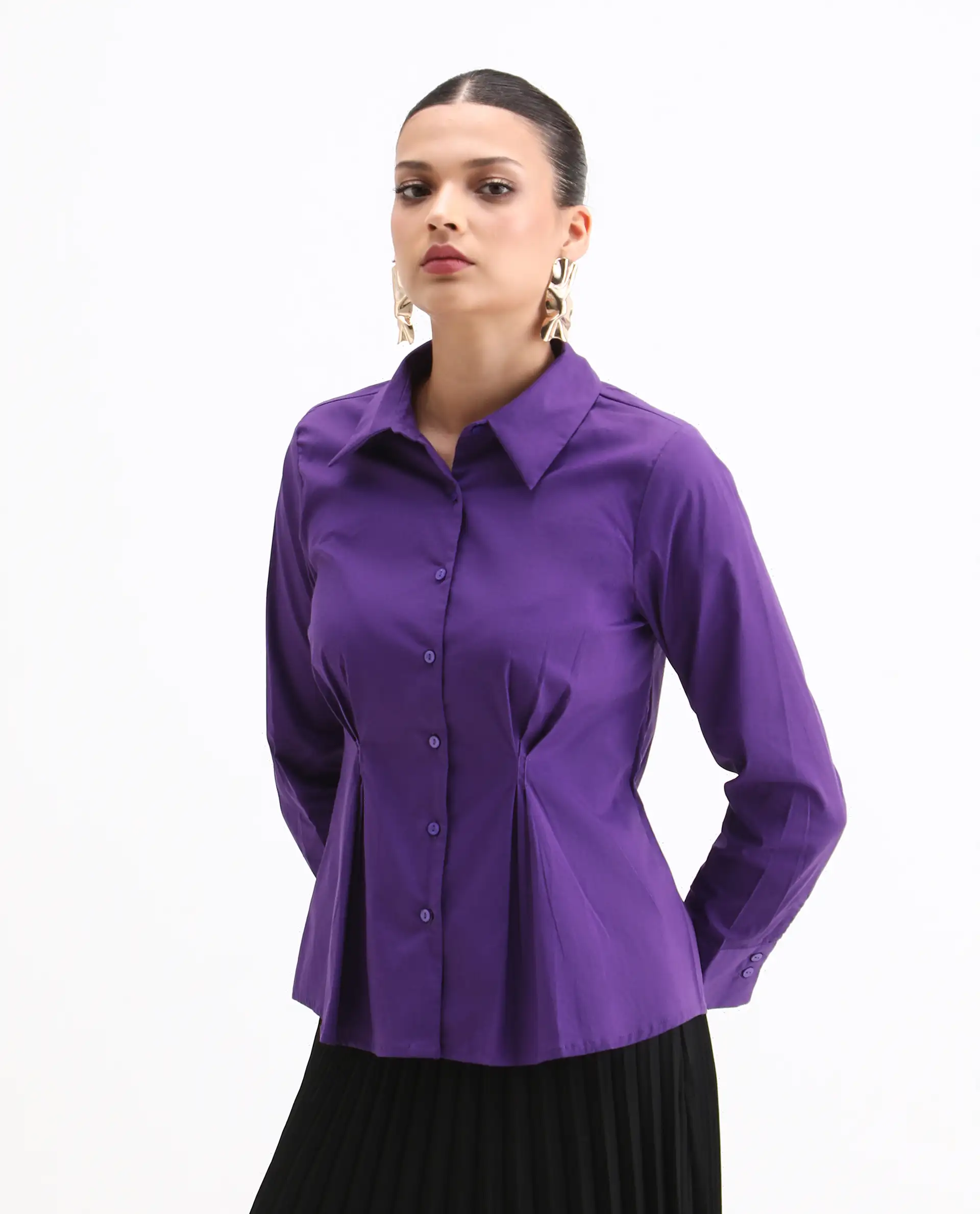 Rareism Women's Cojin Purple Cotton Blend Drop Collar Plain Cuffed Sleeve Regular Fit Top - Image 6
