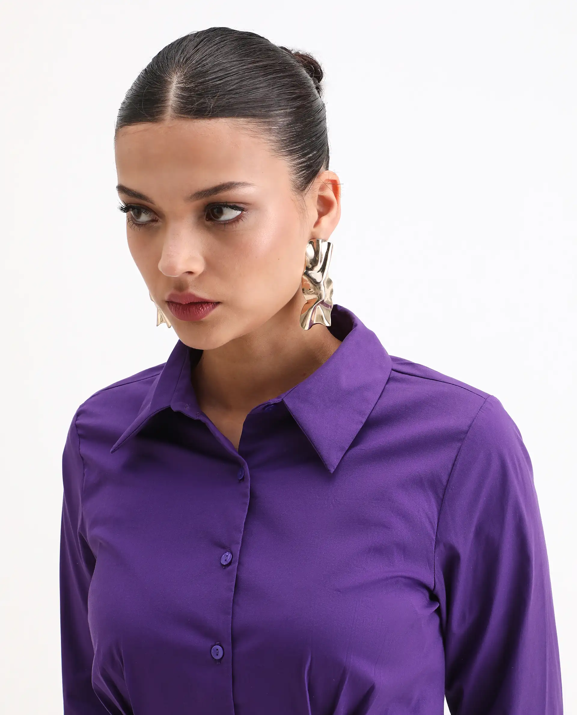 Rareism Women's Cojin Purple Cotton Blend Drop Collar Plain Cuffed Sleeve Regular Fit Top - Image 7