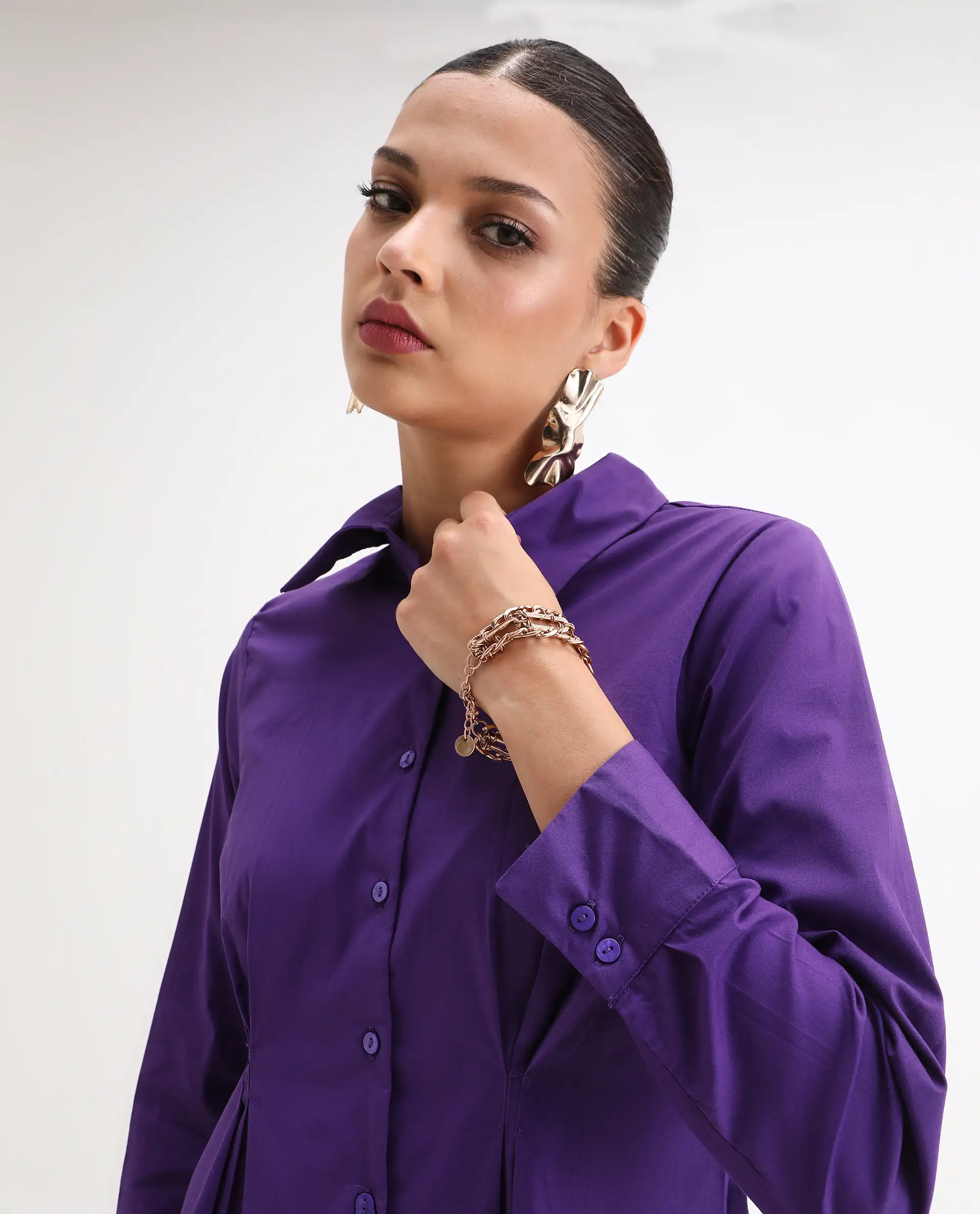 Rareism Women's Cojin Purple Cotton Blend Drop Collar Plain Cuffed Sleeve Regular Fit Top - Image 8