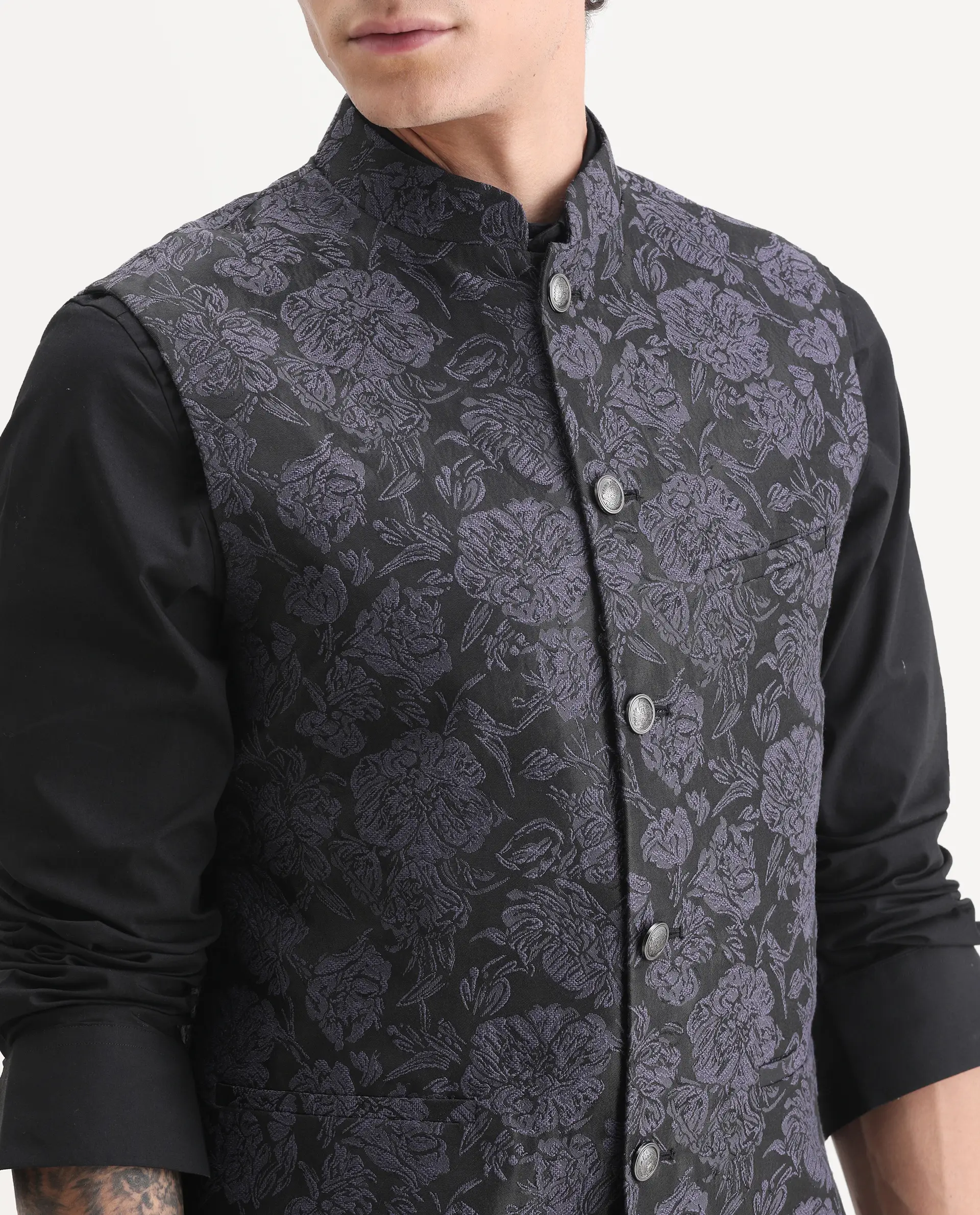 Rare Rabbit Men's Colac Dark Navy Polyester Jacquard Tailored Fit Sleeveless Mandarin Collar Bandhgala - Image 3