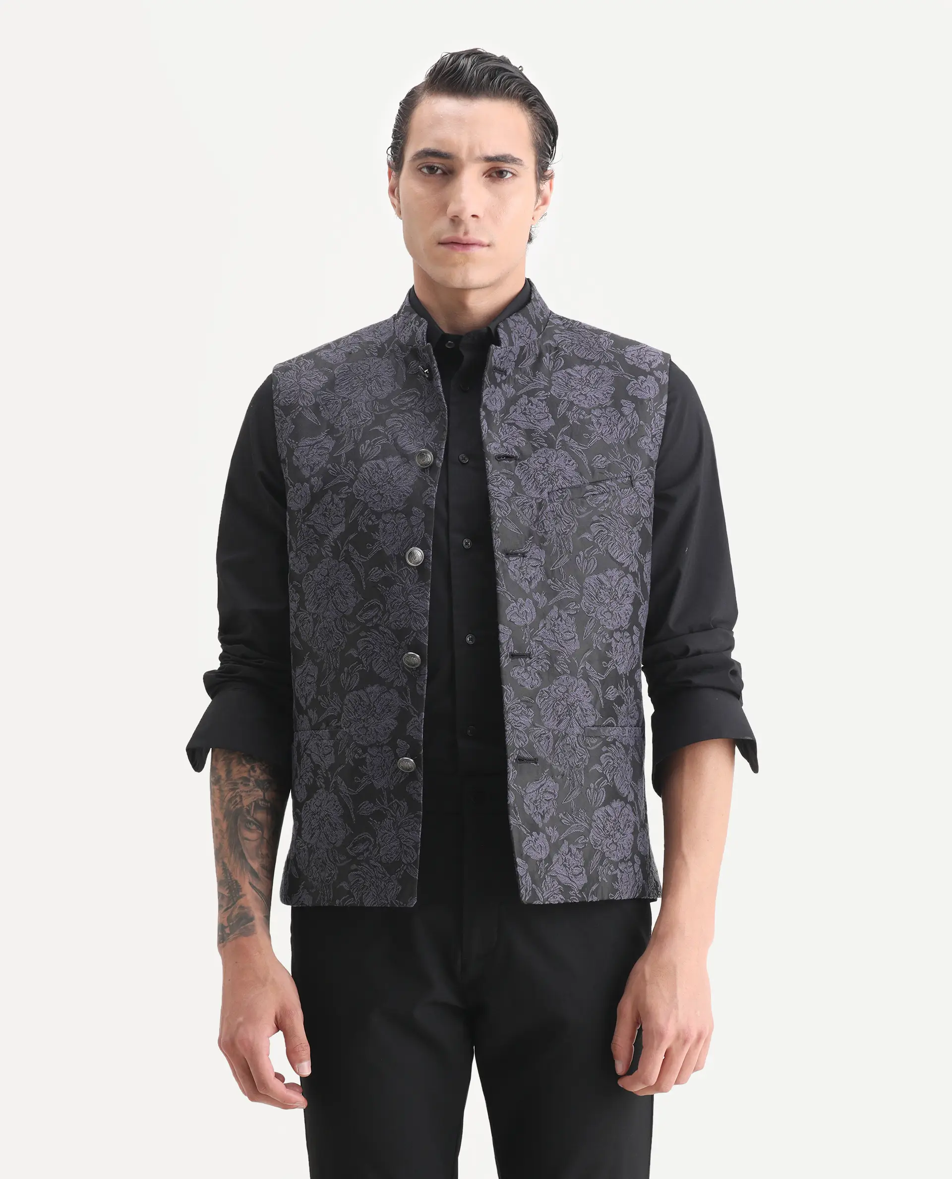 Rare Rabbit Men's Colac Dark Navy Polyester Jacquard Tailored Fit Sleeveless Mandarin Collar Bandhgala - Image 4