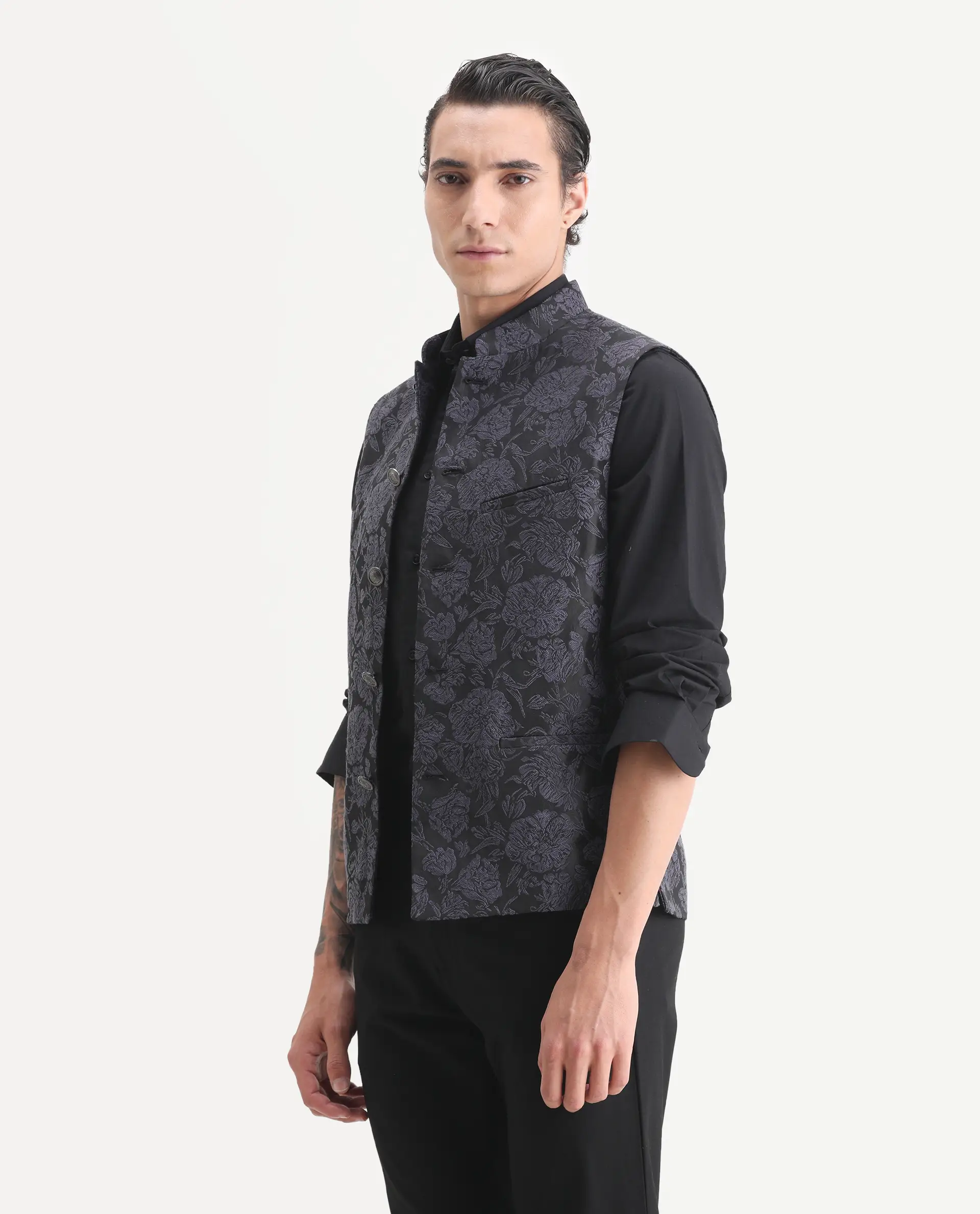 Rare Rabbit Men's Colac Dark Navy Polyester Jacquard Tailored Fit Sleeveless Mandarin Collar Bandhgala - Image 5
