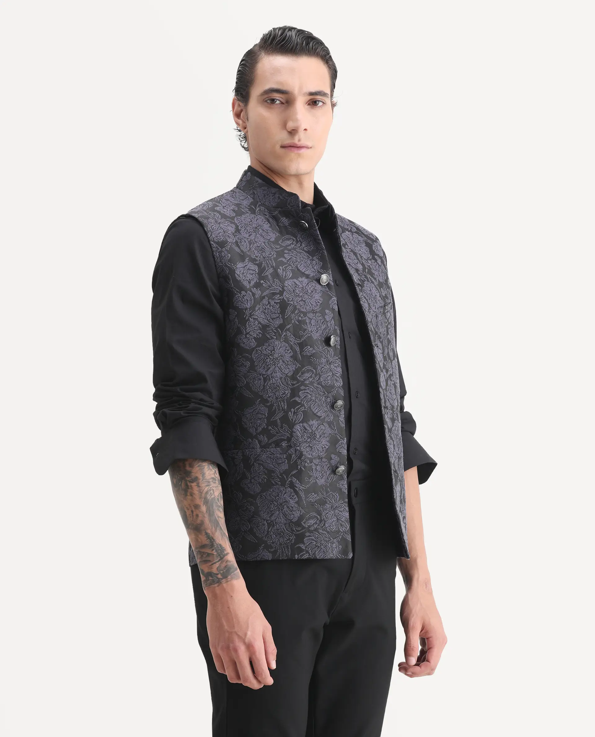 Rare Rabbit Men's Colac Dark Navy Polyester Jacquard Tailored Fit Sleeveless Mandarin Collar Bandhgala - Image 6