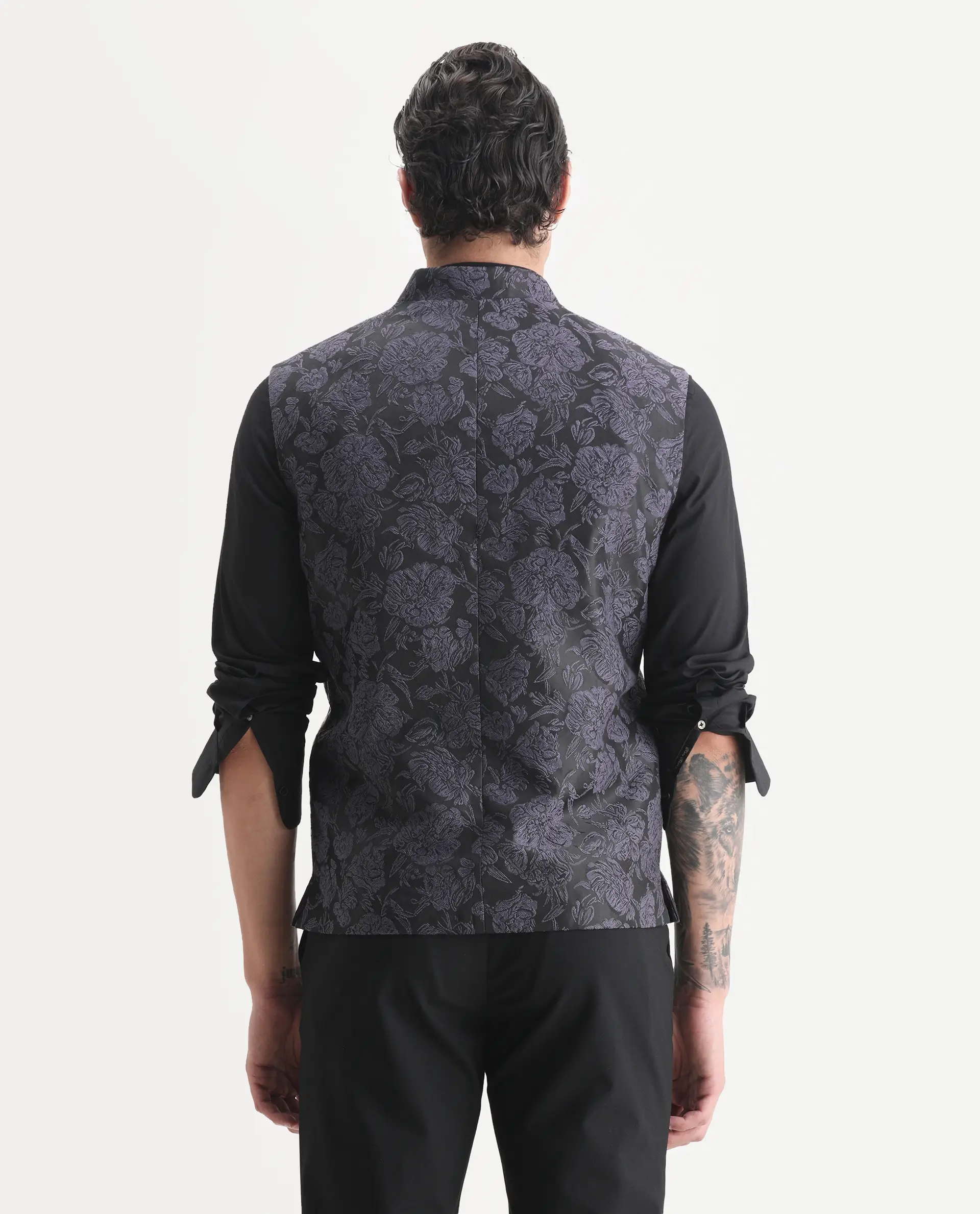 Rare Rabbit Men's Colac Dark Navy Polyester Jacquard Tailored Fit Sleeveless Mandarin Collar Bandhgala - Image 7