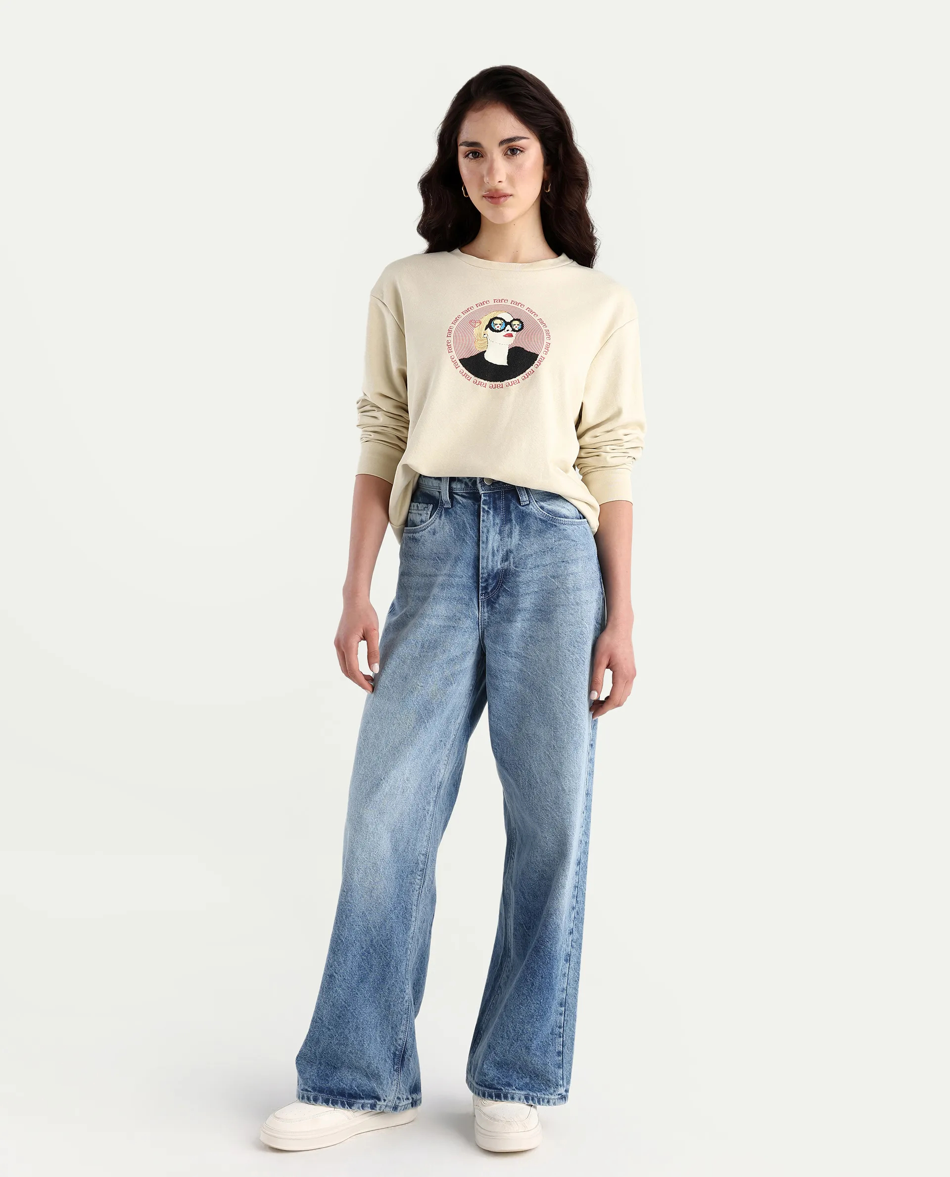 Rareism Women's Colad Beige Cotton Blend Crew Neck Graphic Print Relaxed Fit Sweatshirt - Image 2