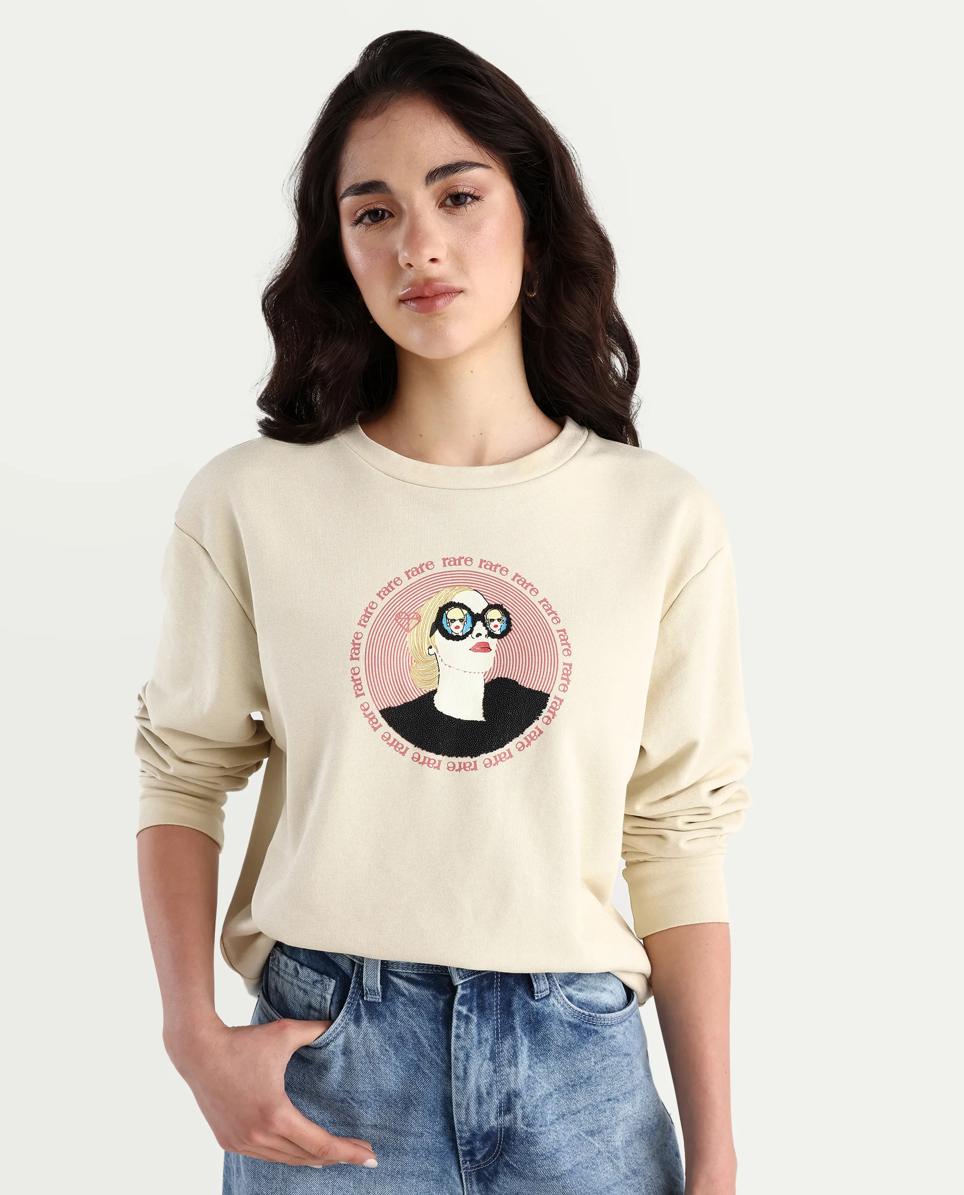 Rareism Women's Colad Beige Cotton Blend Crew Neck Graphic Print Relaxed Fit Sweatshirt - Image 3
