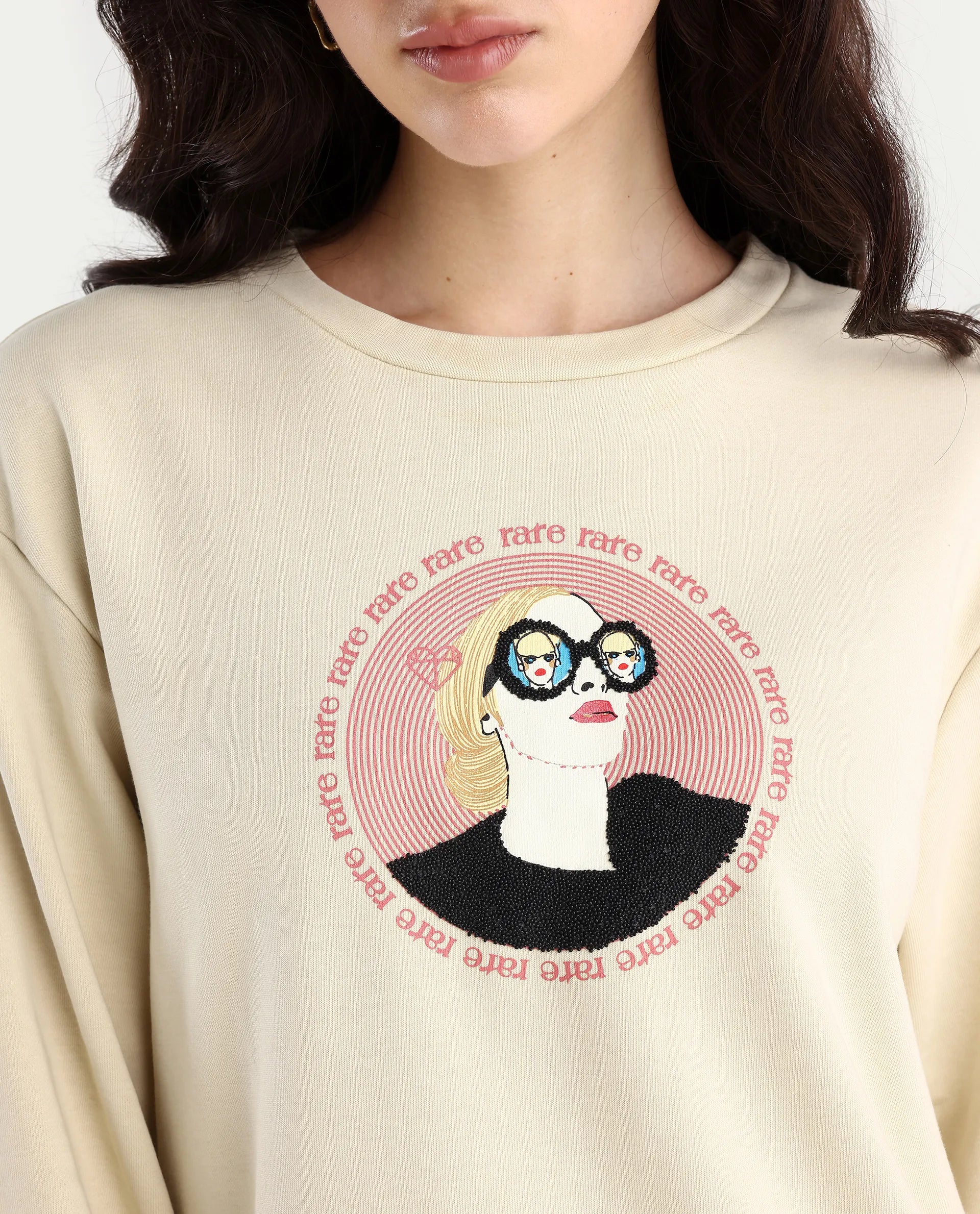Rareism Women's Colad Beige Cotton Blend Crew Neck Graphic Print Relaxed Fit Sweatshirt - Image 4