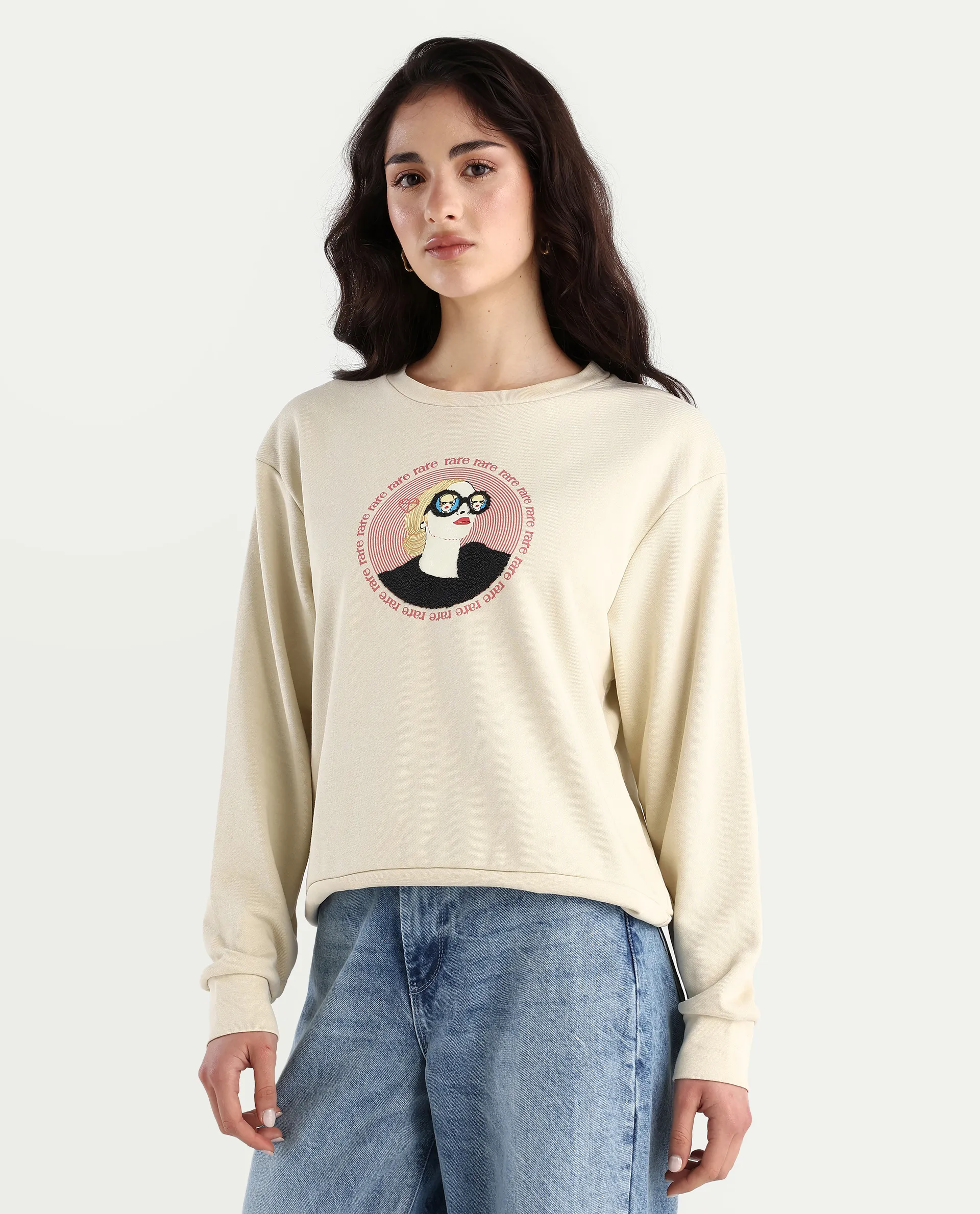 Rareism Women's Colad Beige Cotton Blend Crew Neck Graphic Print Relaxed Fit Sweatshirt - Image 5