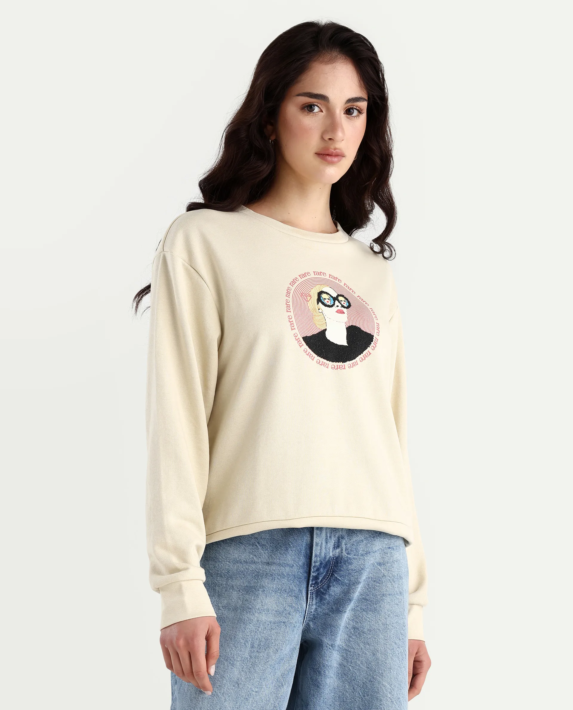 Rareism Women's Colad Beige Cotton Blend Crew Neck Graphic Print Relaxed Fit Sweatshirt - Image 6