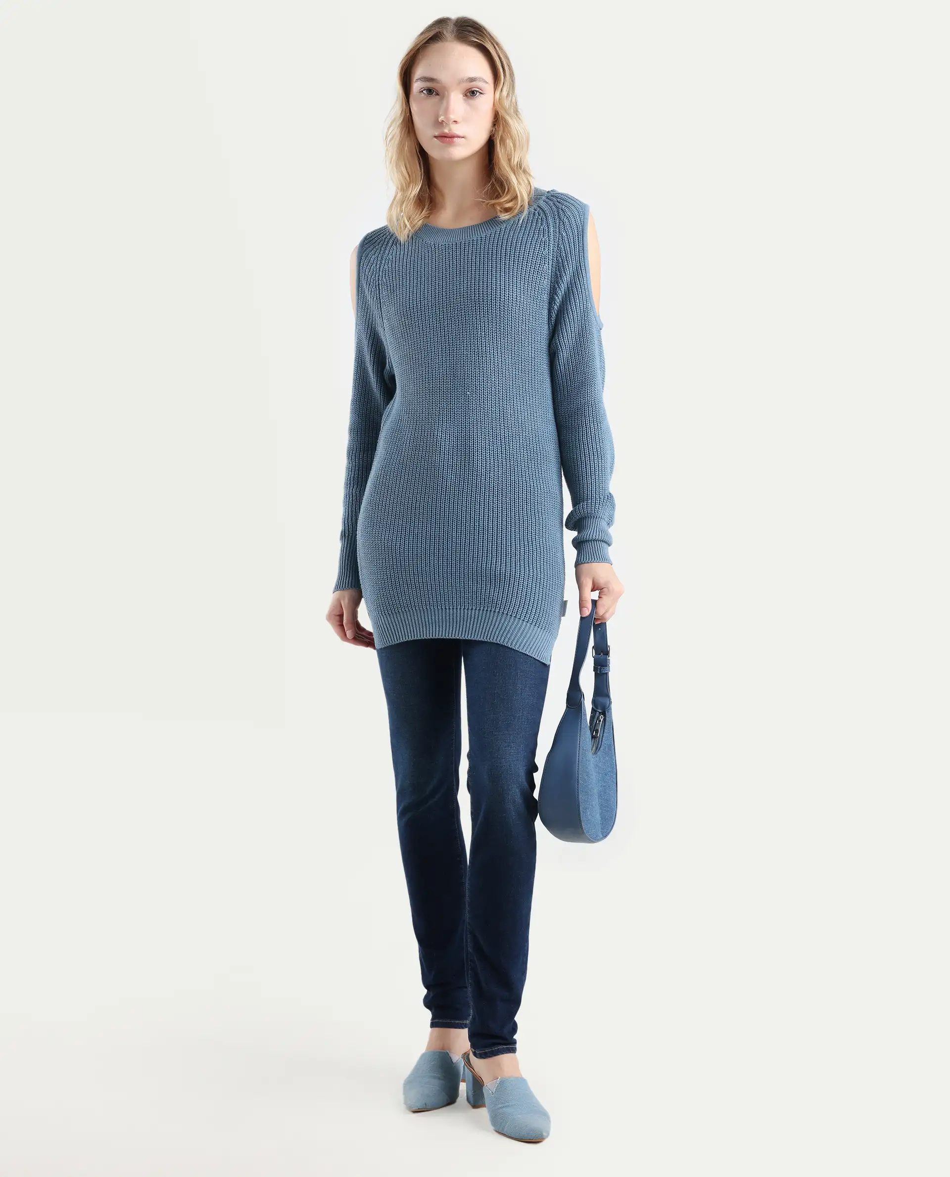 Rareism Women's Cold Navy Cotton Boat Neck Plain Slim Fit Sweater - Image 2