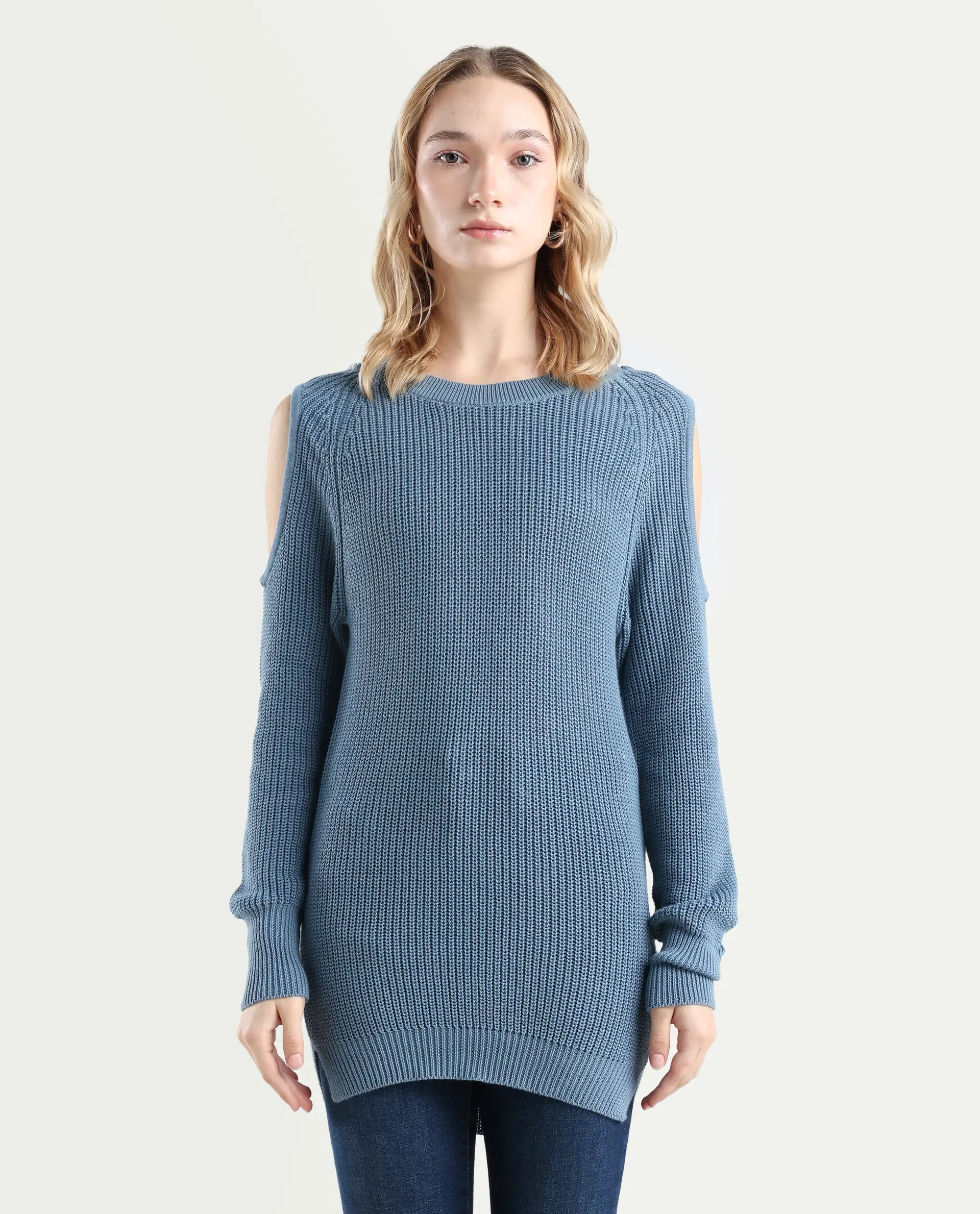 Rareism Women's Cold Navy Cotton Boat Neck Plain Slim Fit Sweater - Image 3