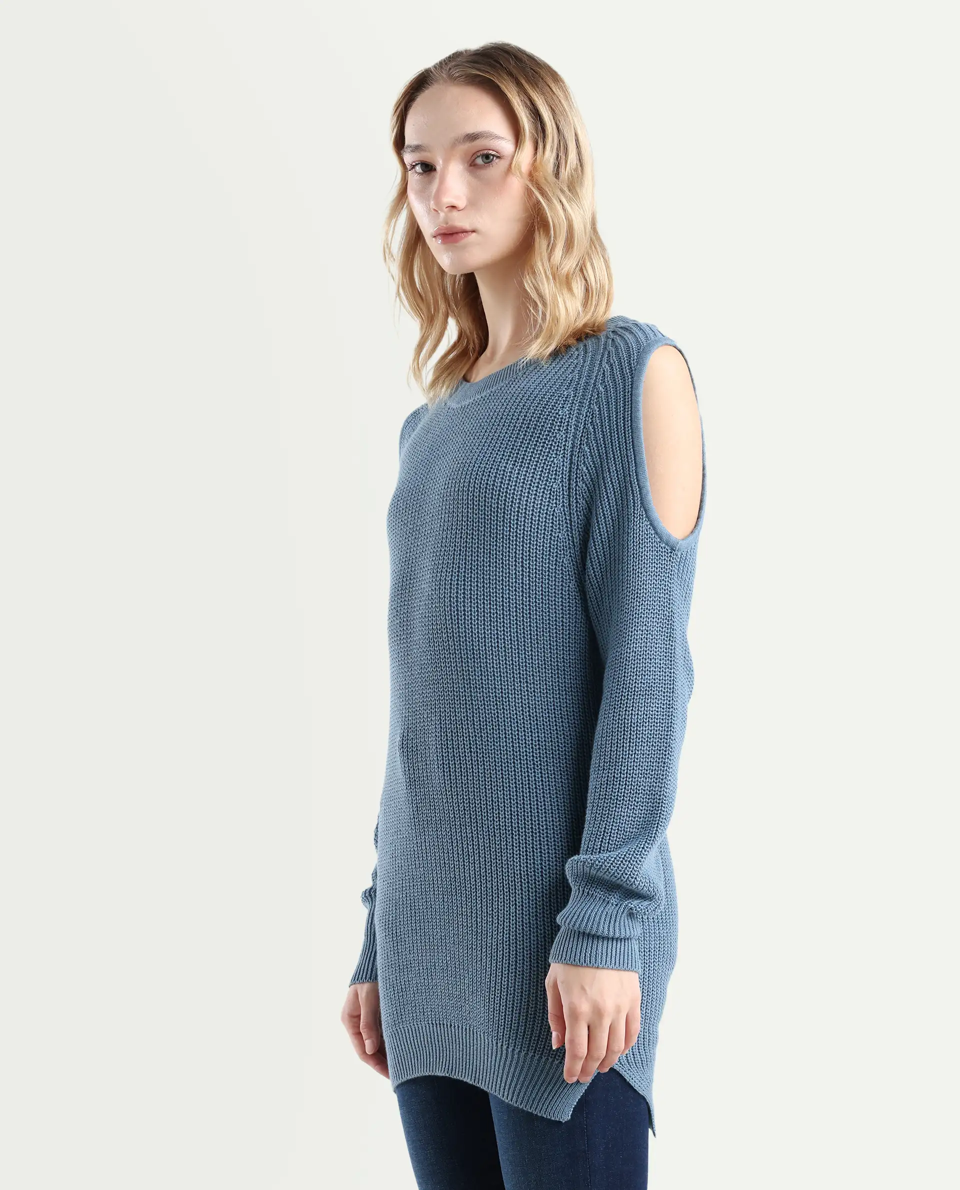 Rareism Women's Cold Navy Cotton Boat Neck Plain Slim Fit Sweater - Image 4