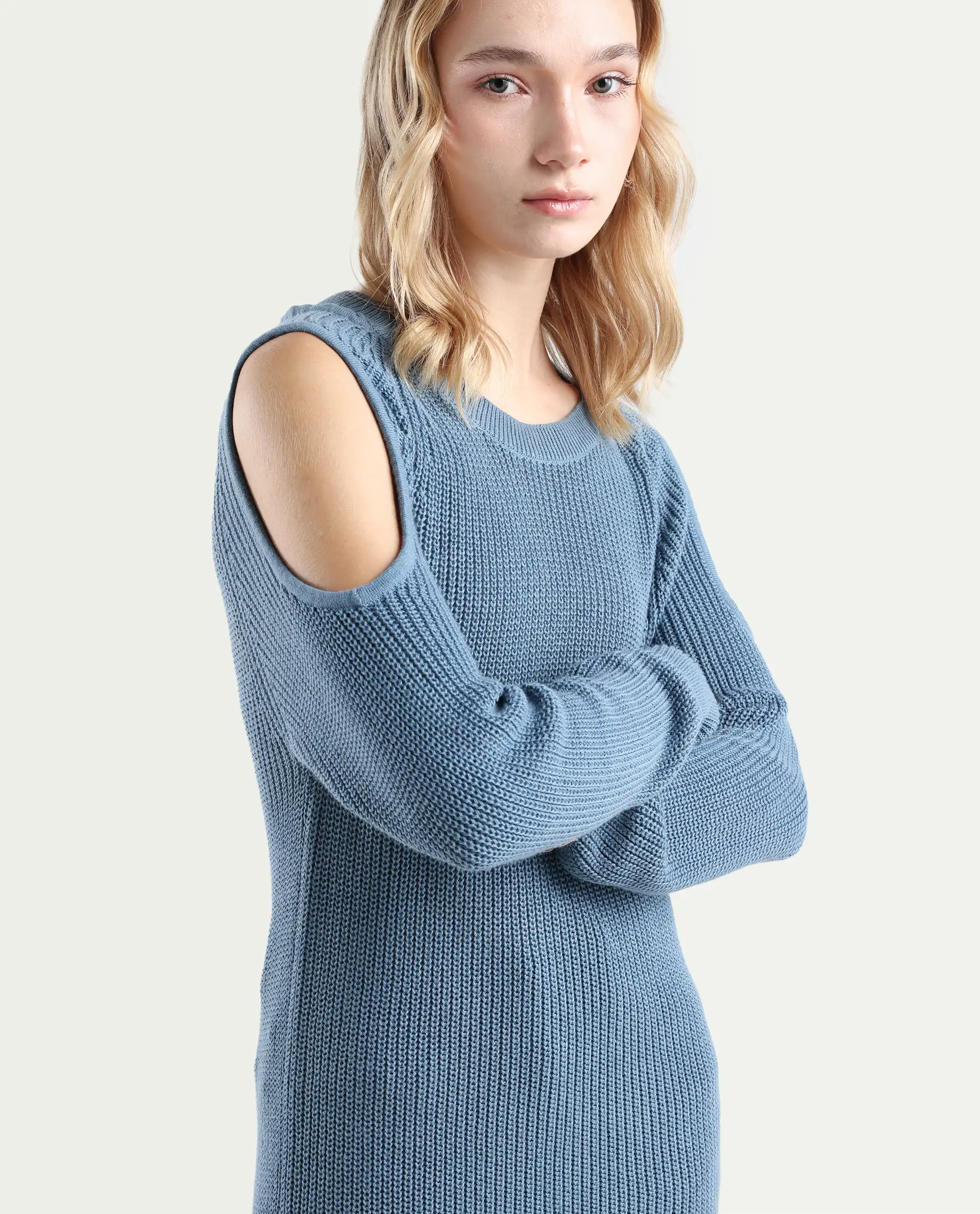 Rareism Women's Cold Navy Cotton Boat Neck Plain Slim Fit Sweater - Image 6