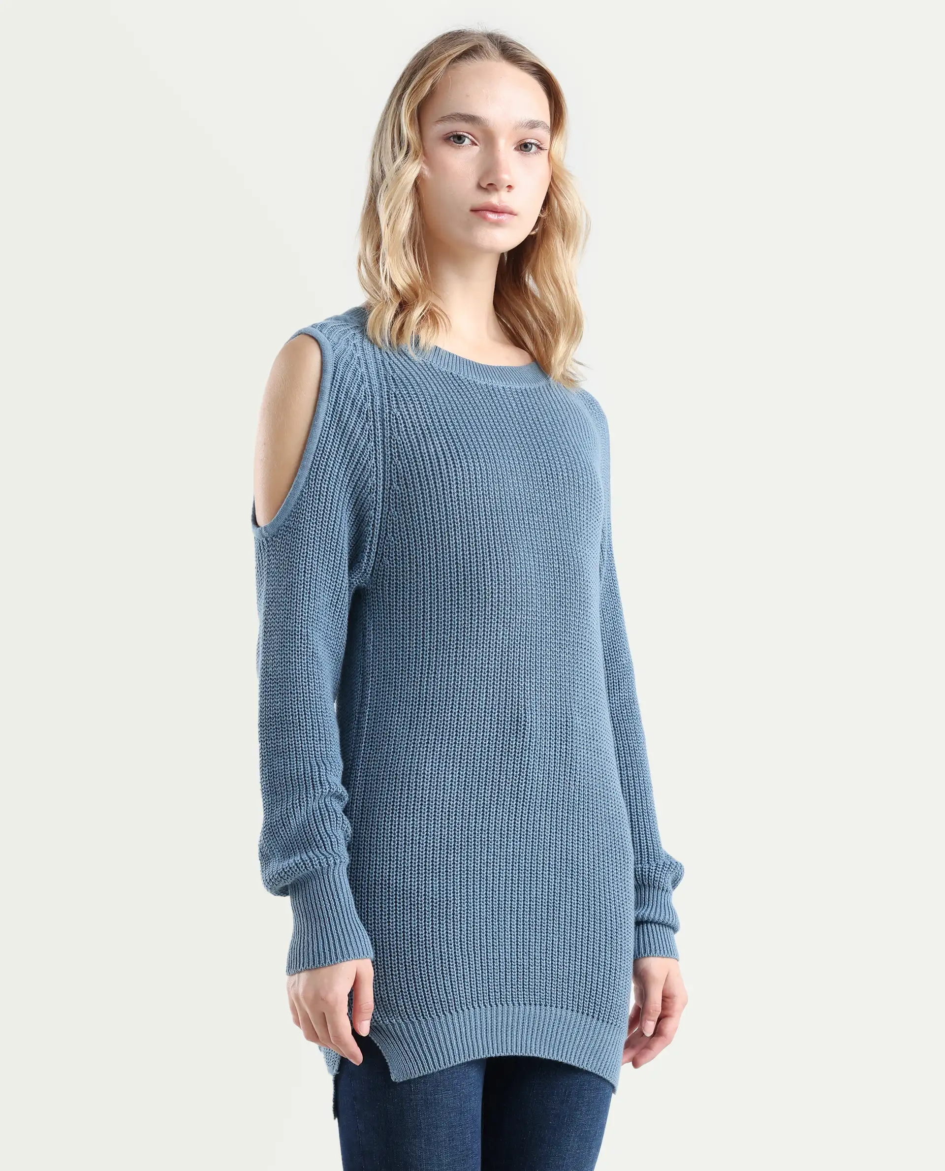 Rareism Women's Cold Navy Cotton Boat Neck Plain Slim Fit Sweater - Image 7