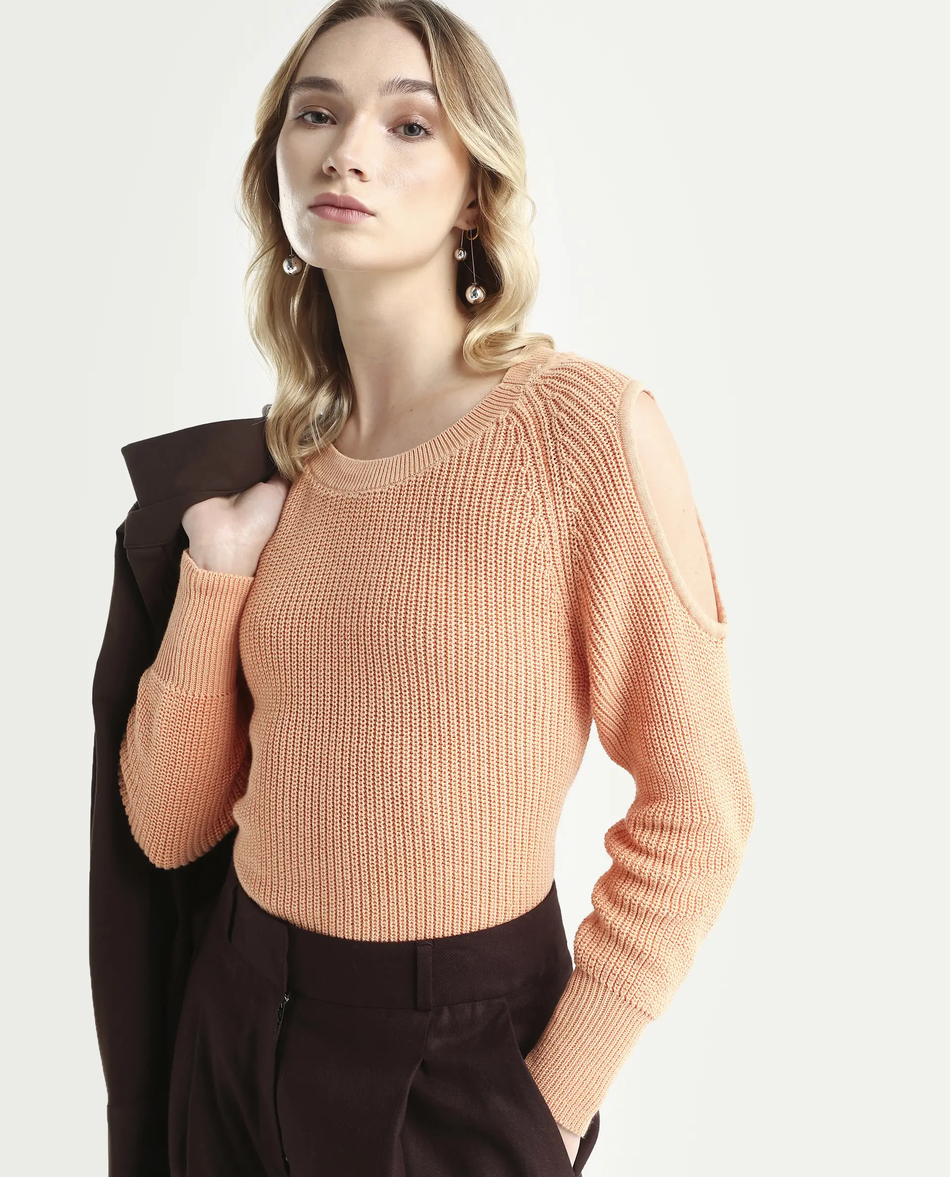 Rareism Women's Cold Orange Cotton Boat Neck Plain Slim Fit Sweater - Image 3