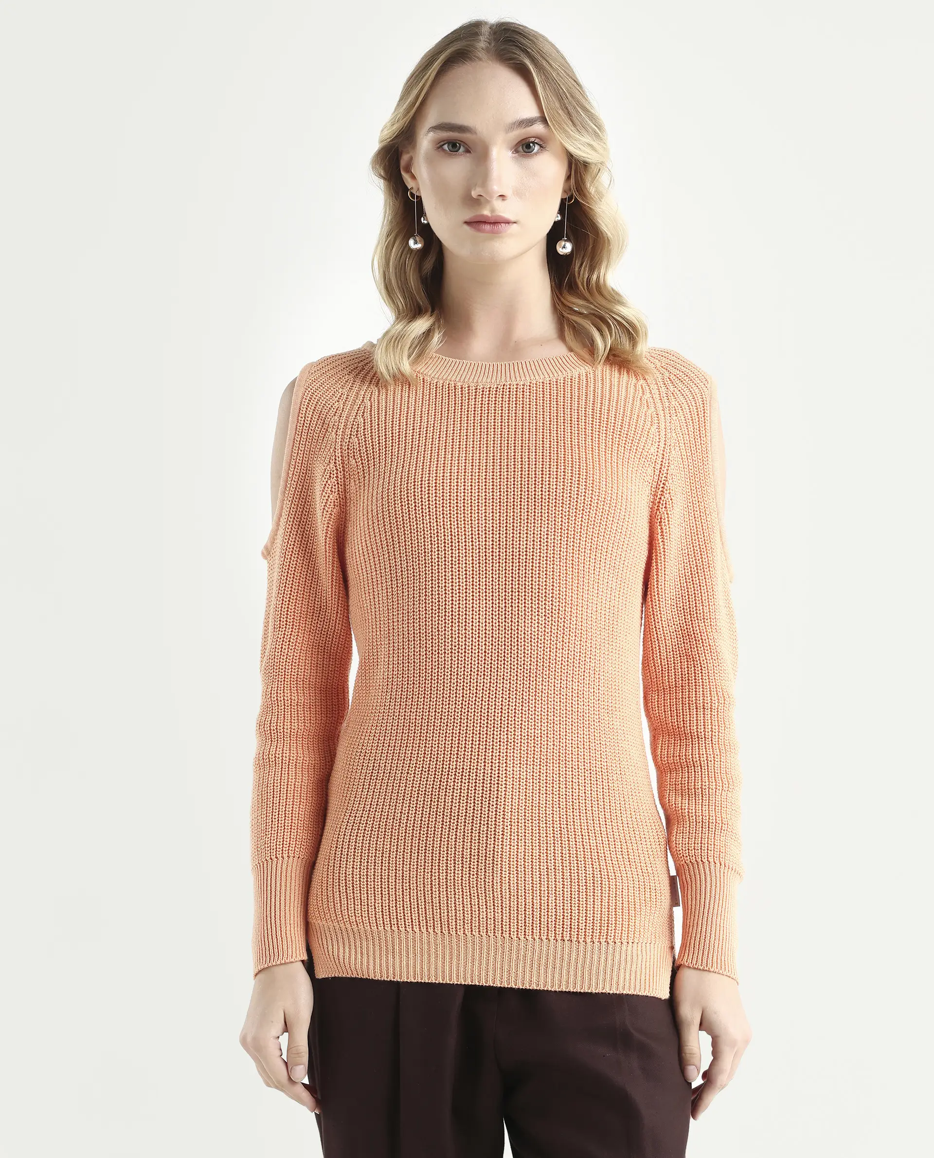 Rareism Women's Cold Orange Cotton Boat Neck Plain Slim Fit Sweater - Image 4