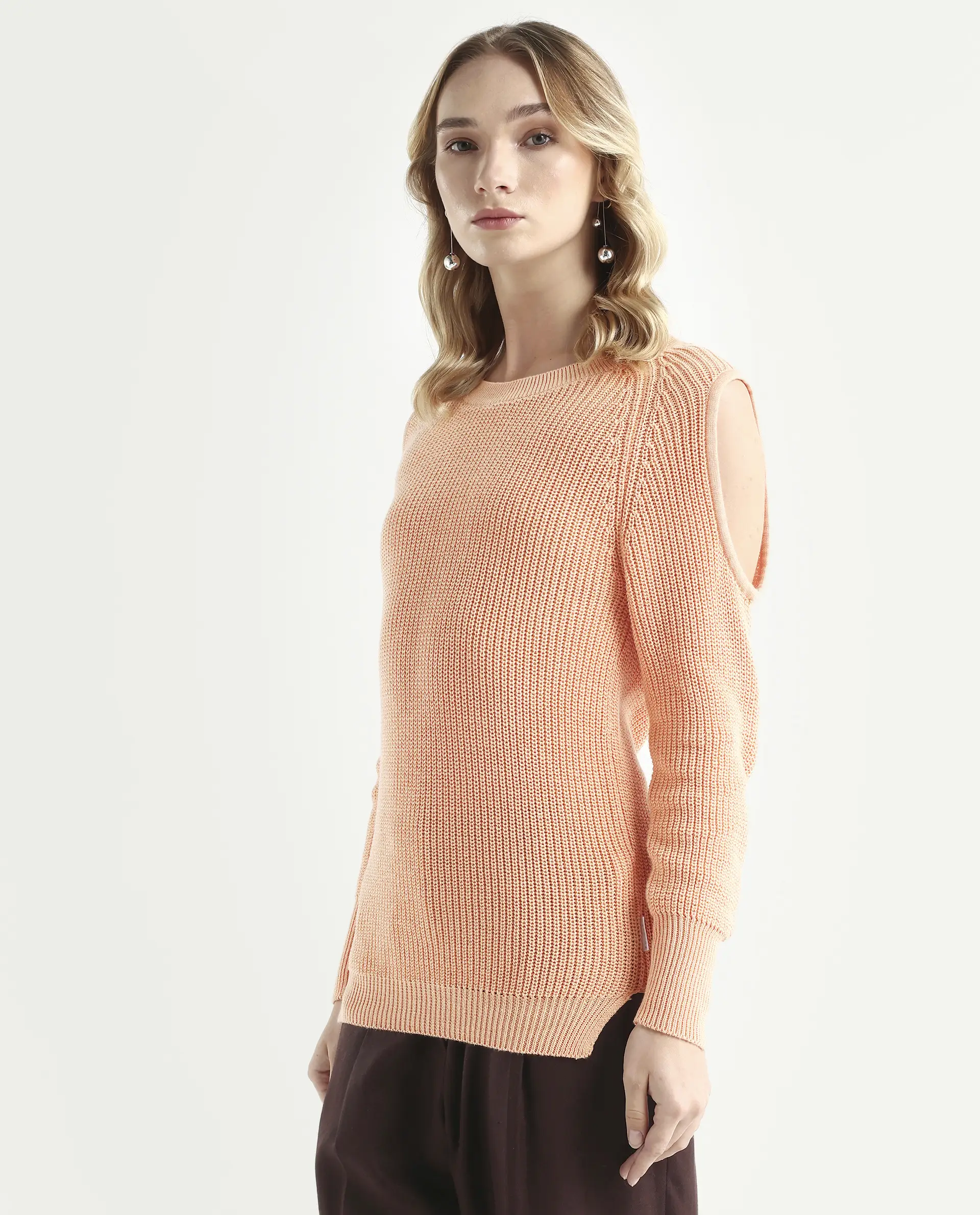 Rareism Women's Cold Orange Cotton Boat Neck Plain Slim Fit Sweater - Image 5