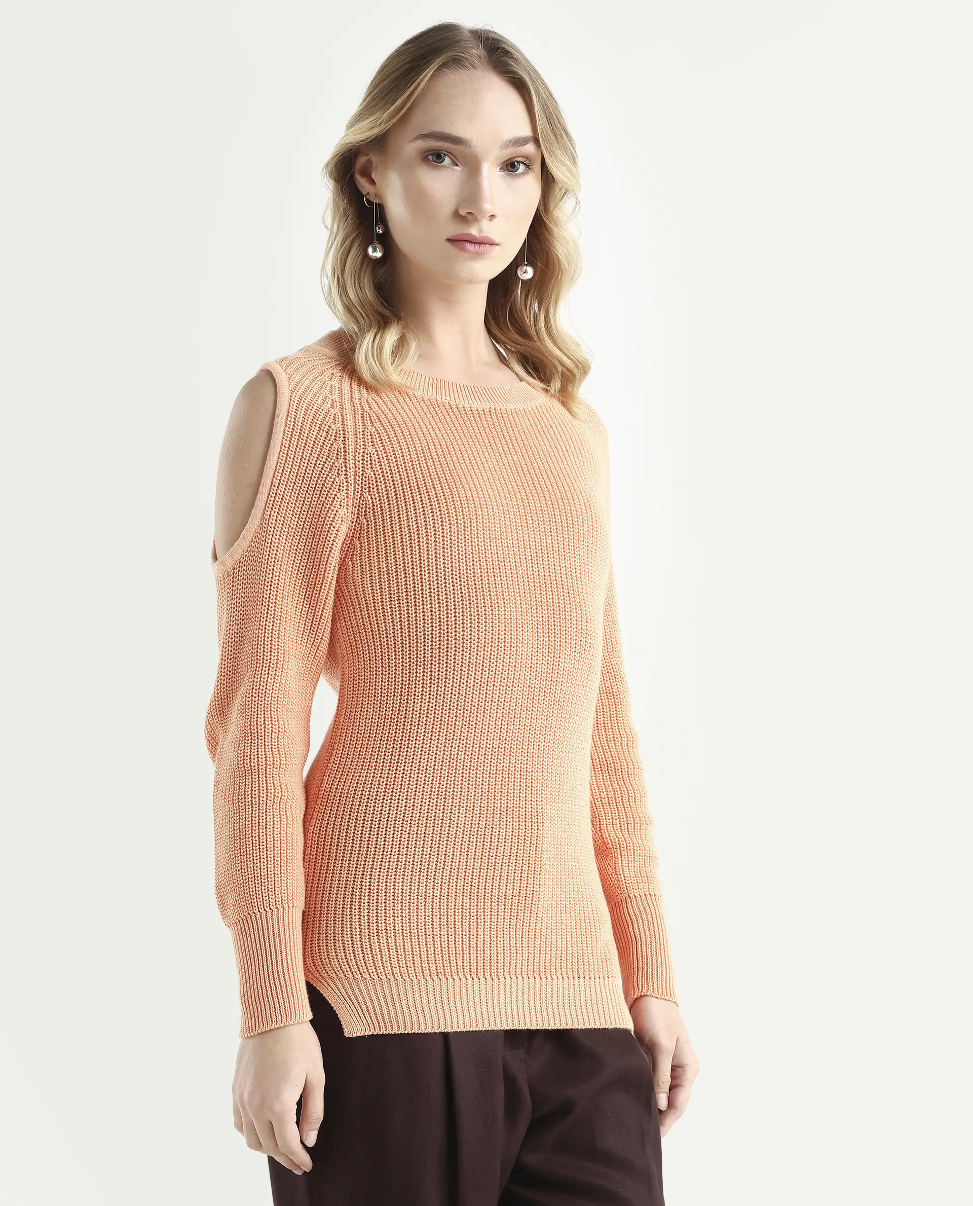 Rareism Women's Cold Orange Cotton Boat Neck Plain Slim Fit Sweater - Image 6