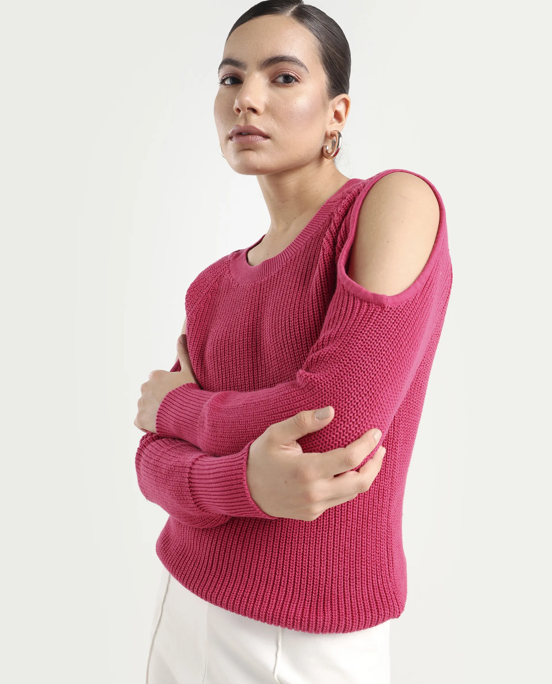 Rareism Women's Cold Pink Cotton Boat Neck Plain Slim Fit Sweater